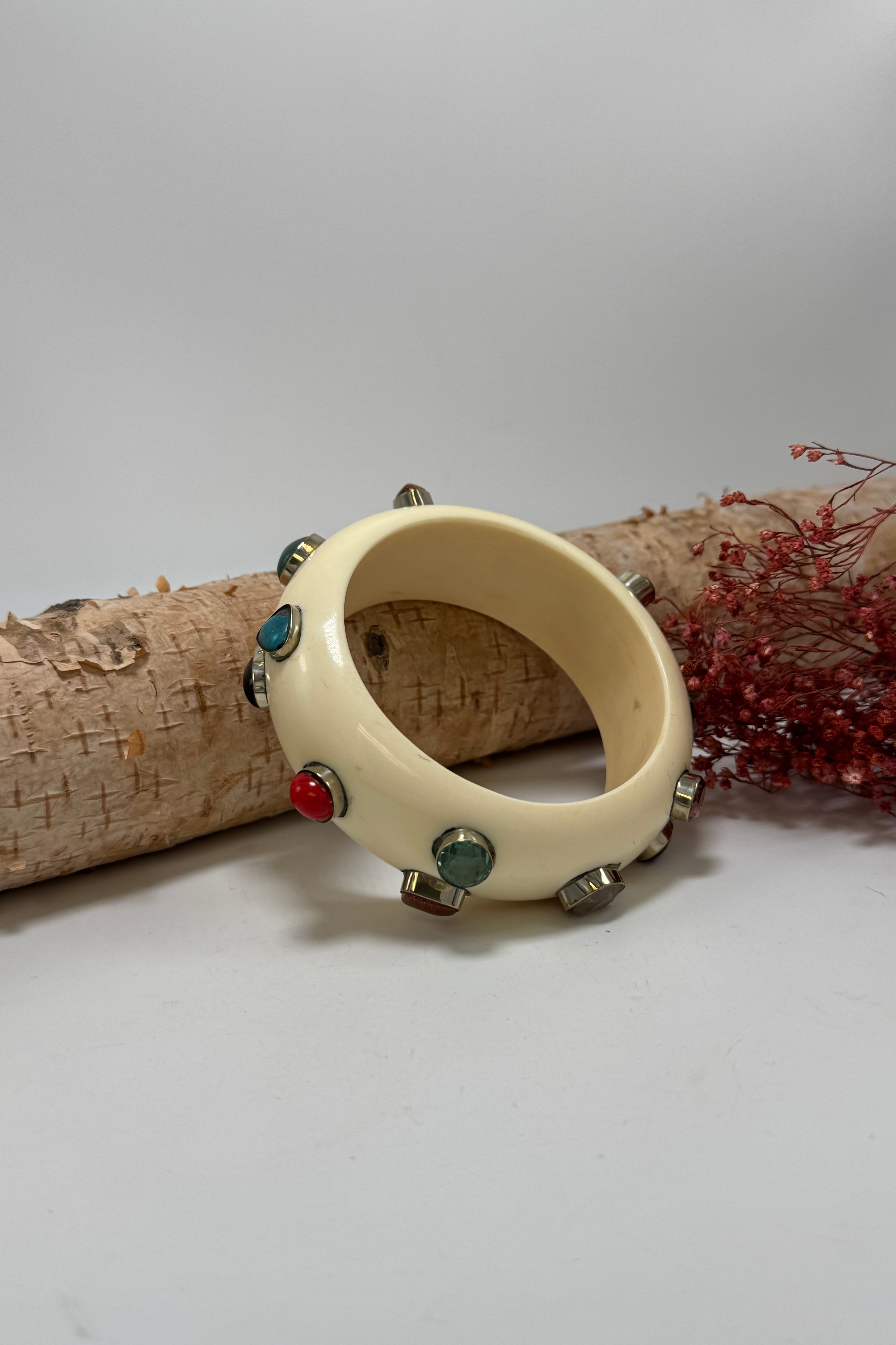 Statement Bangle in Cream w/ Multicolored Stones