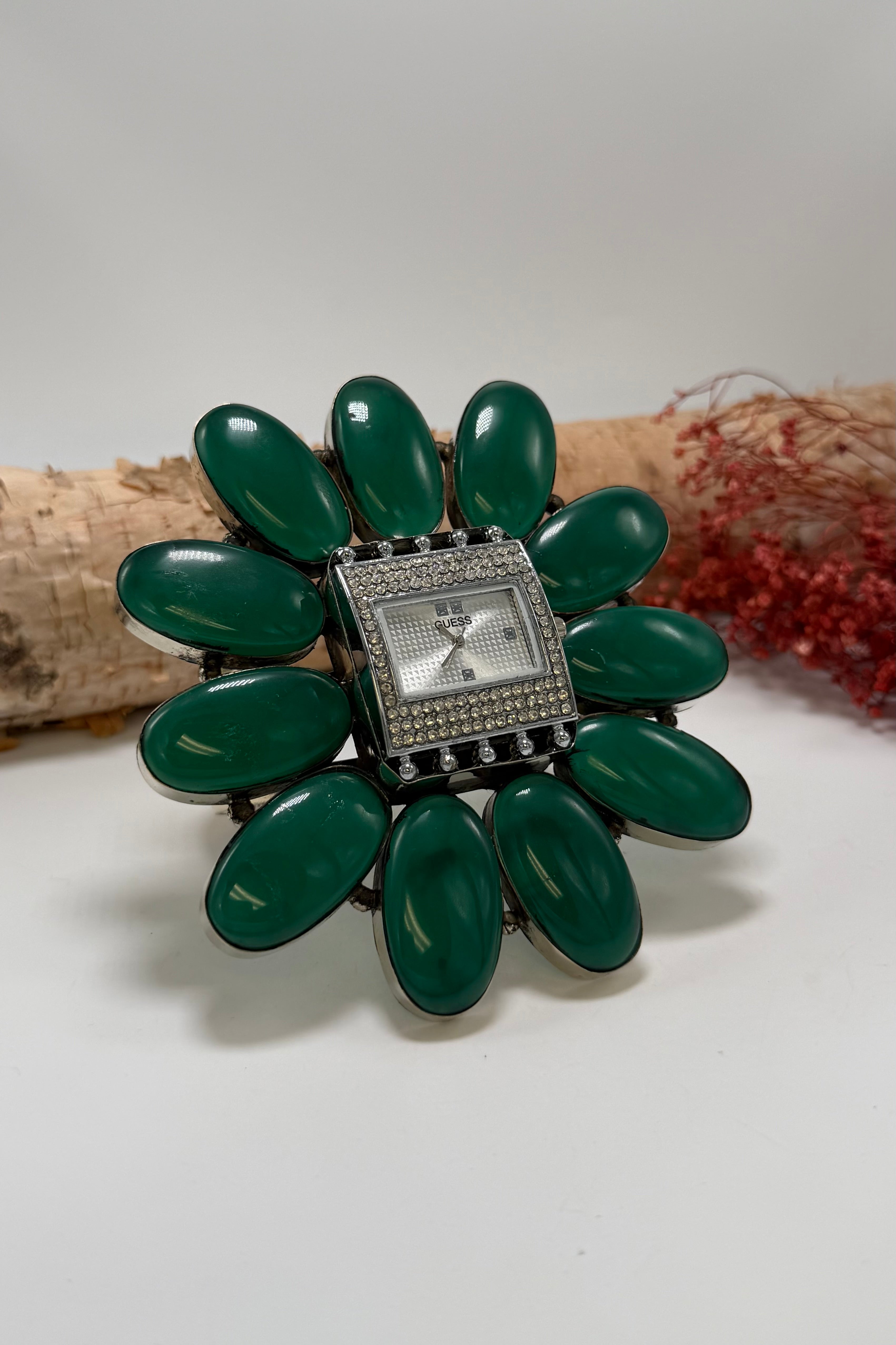 GUESS Bedazzled Watch Cuff/Green Stone