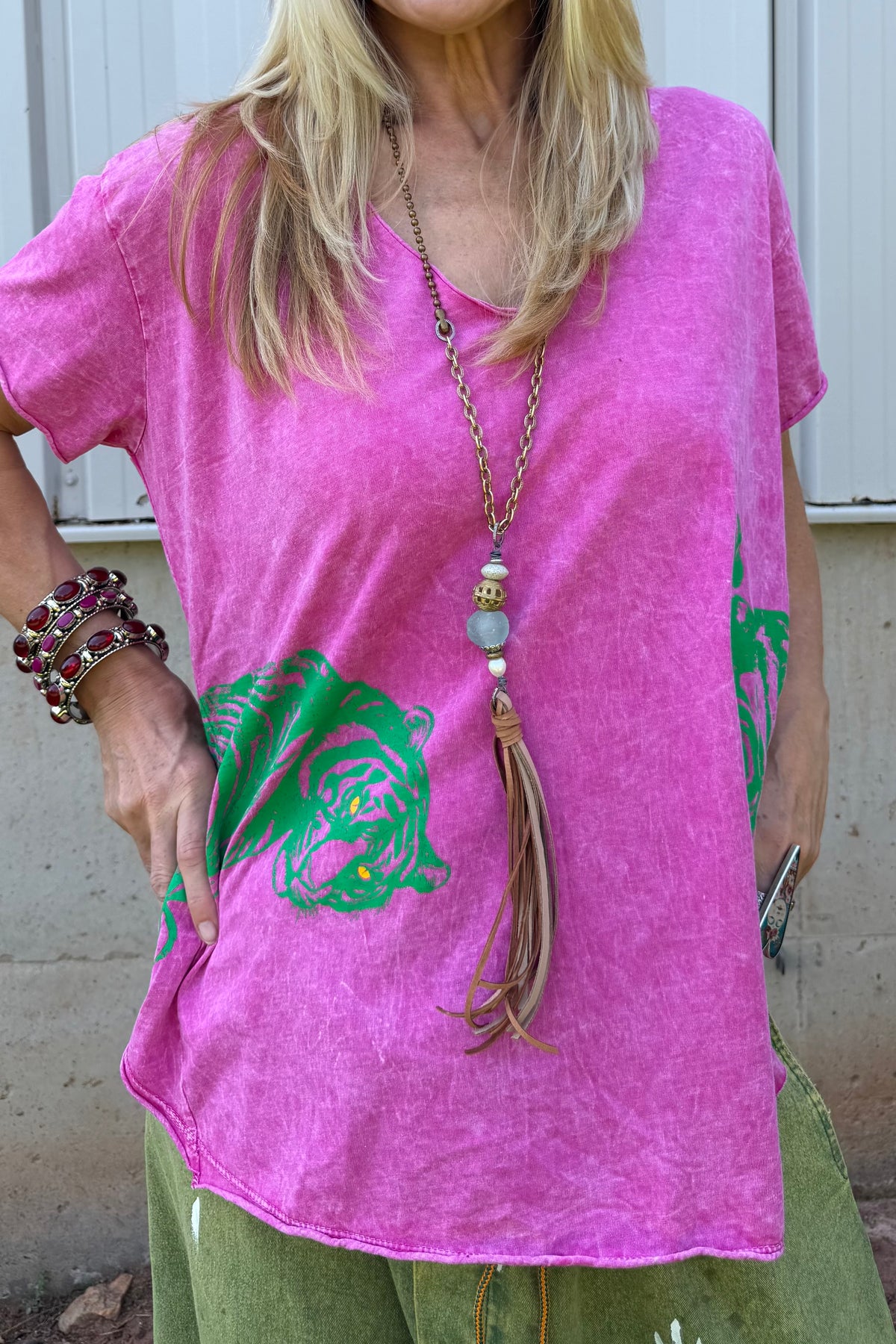 Vintage Style Tee with Tiger Graphic on Front and Back: Pink