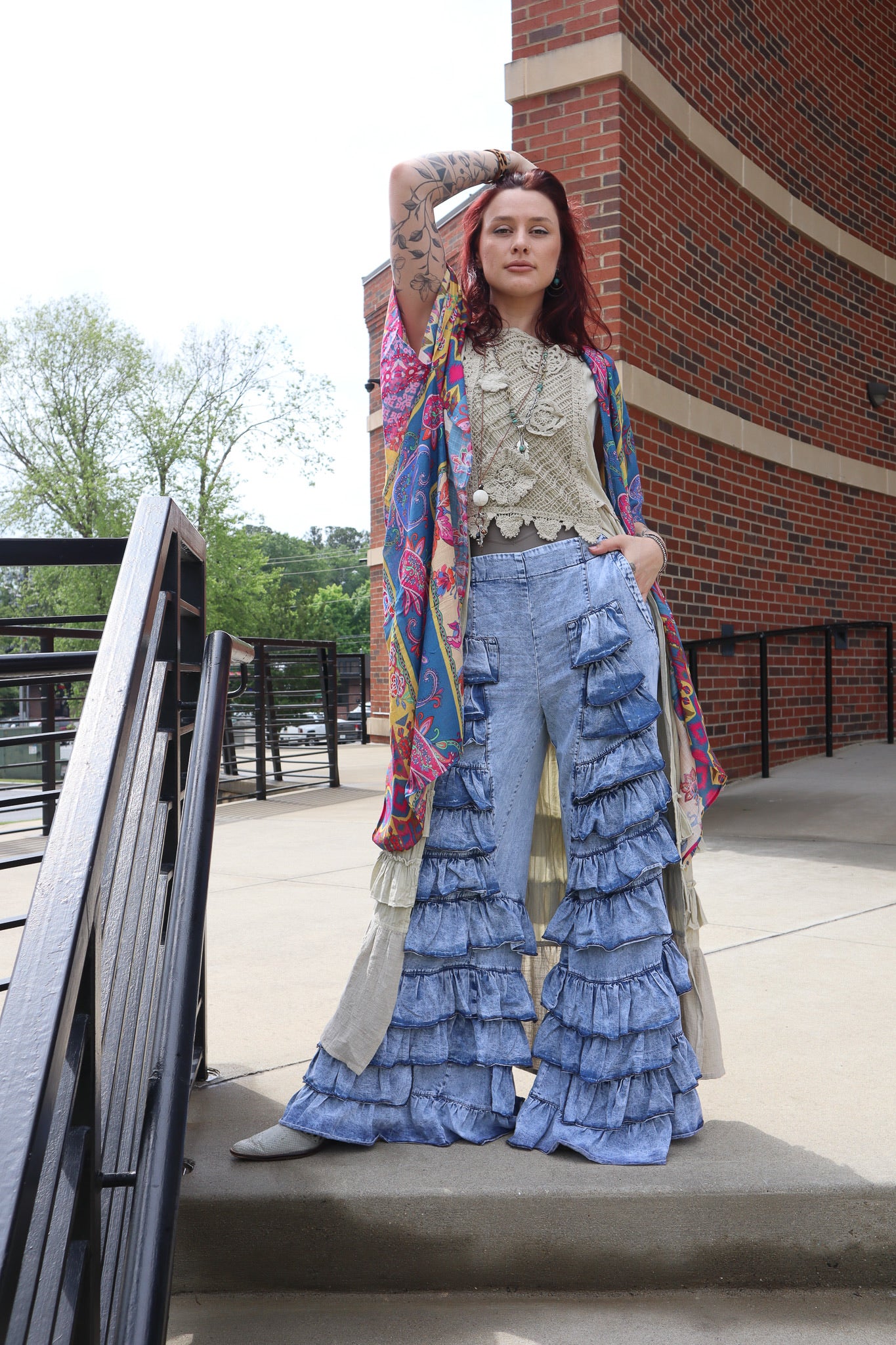 Tiered Ruffle Bell Bottom Denim Pants