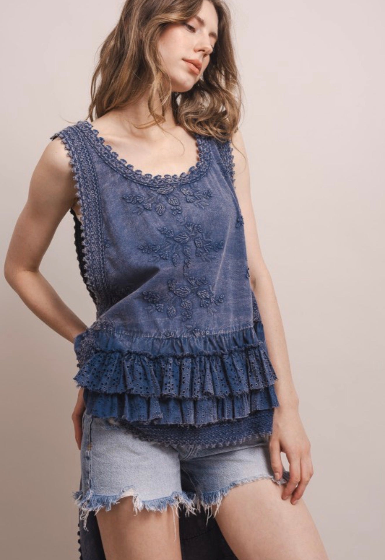 Veronica Sleeveless Ruffle Hi Lo Top in Navy