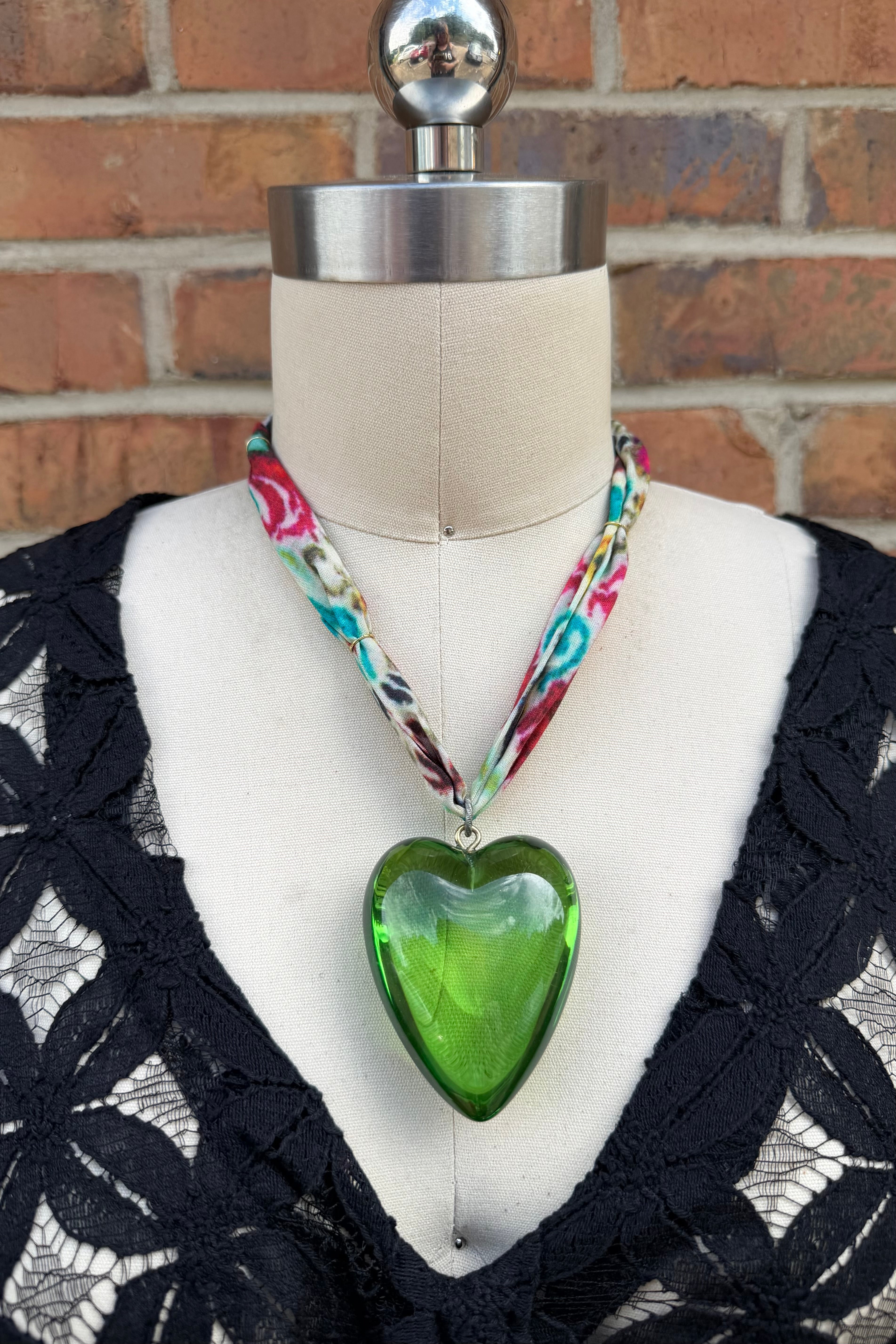 Heart Of Glass in Green Fabric Necklace
