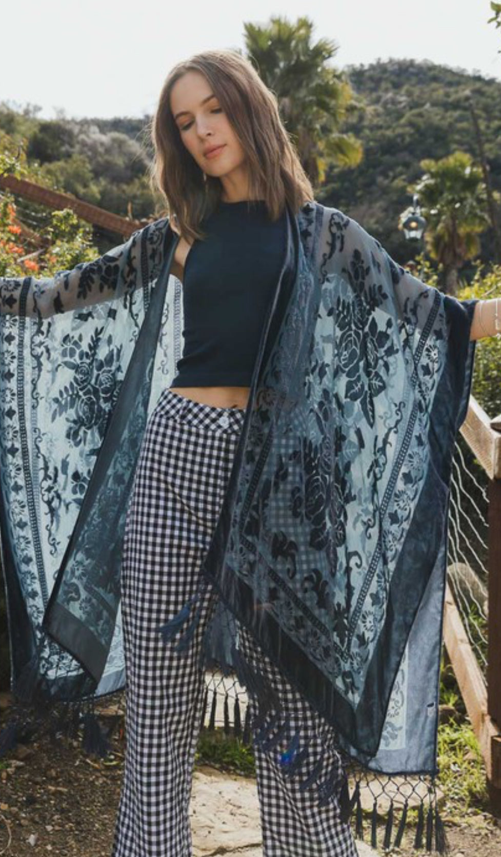 Victoria Velvet Burnout Mesh Tassel Kimono