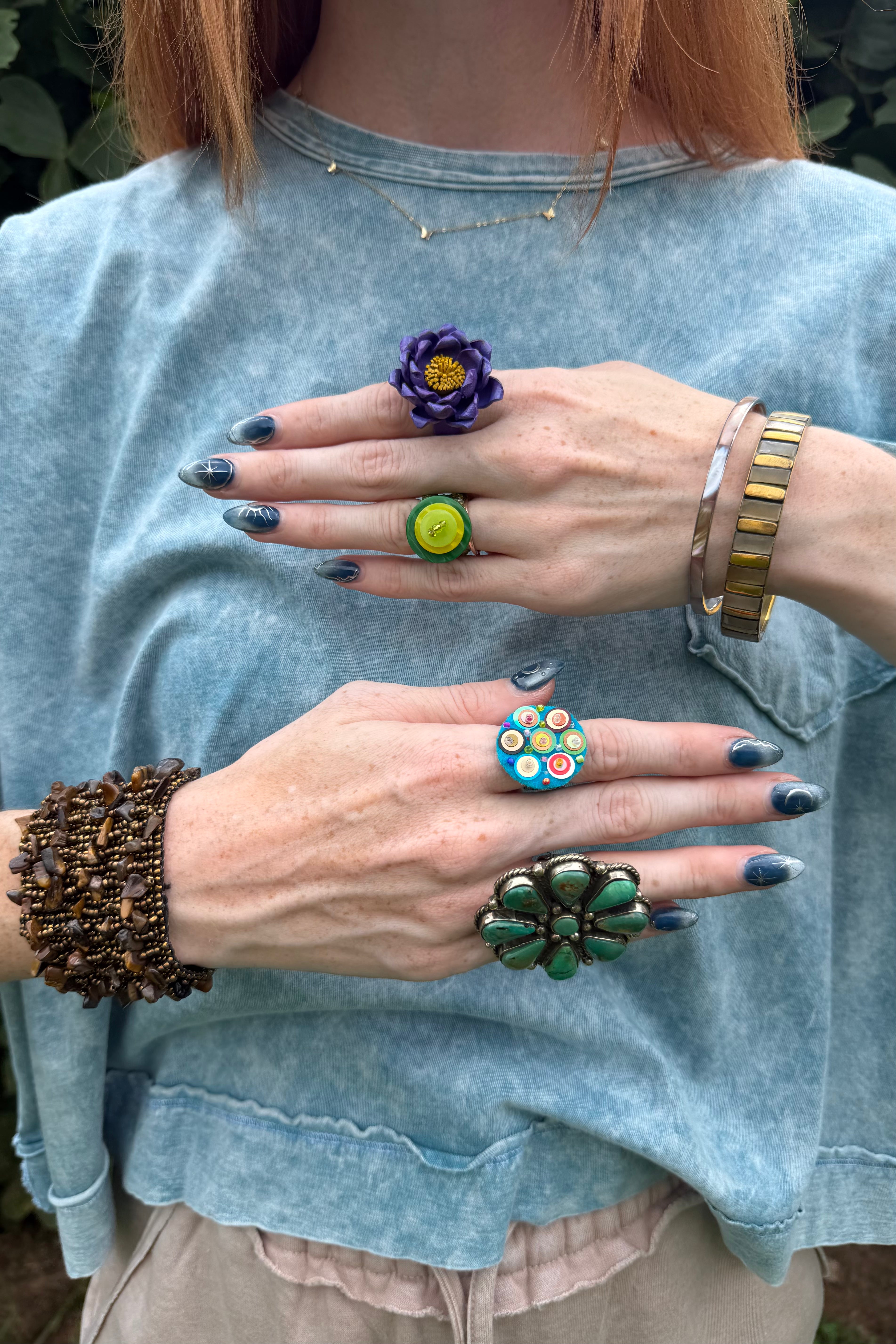 Felt sequin seed bead hand sewn stretch band ring