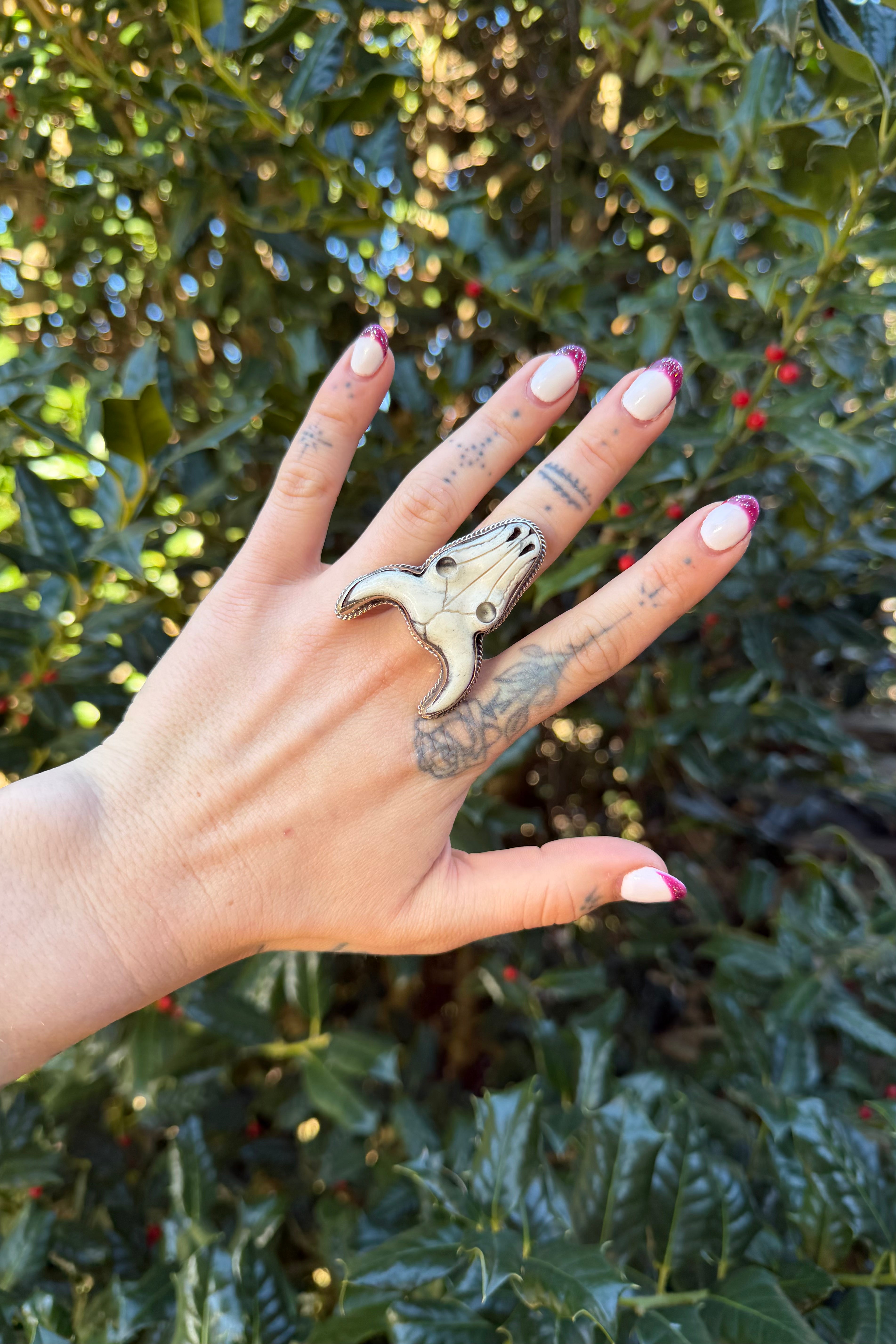 Carved Steer Skull Ring