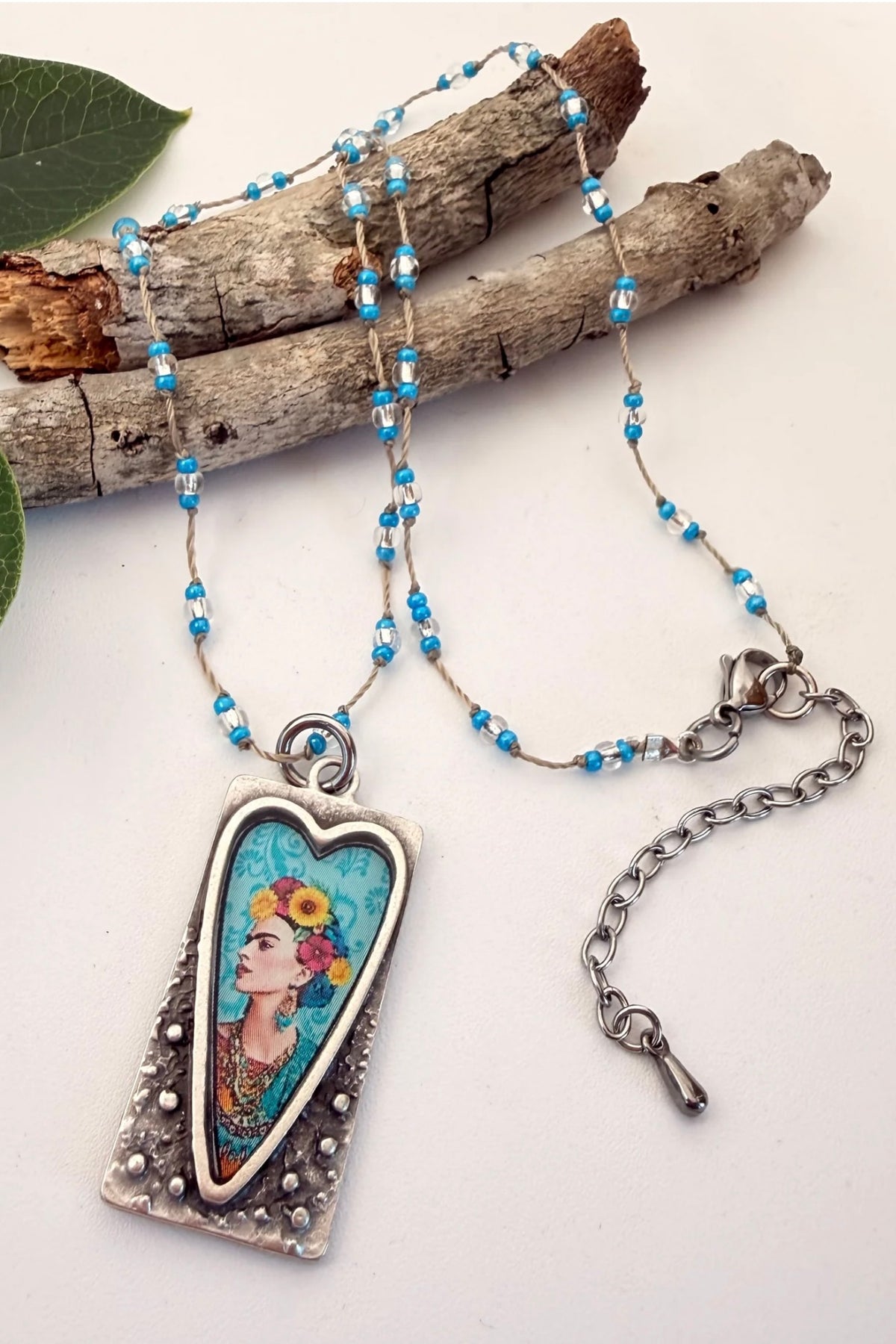 Spirit Lala: Rectangle Blue Floral Frida Crochet Necklace