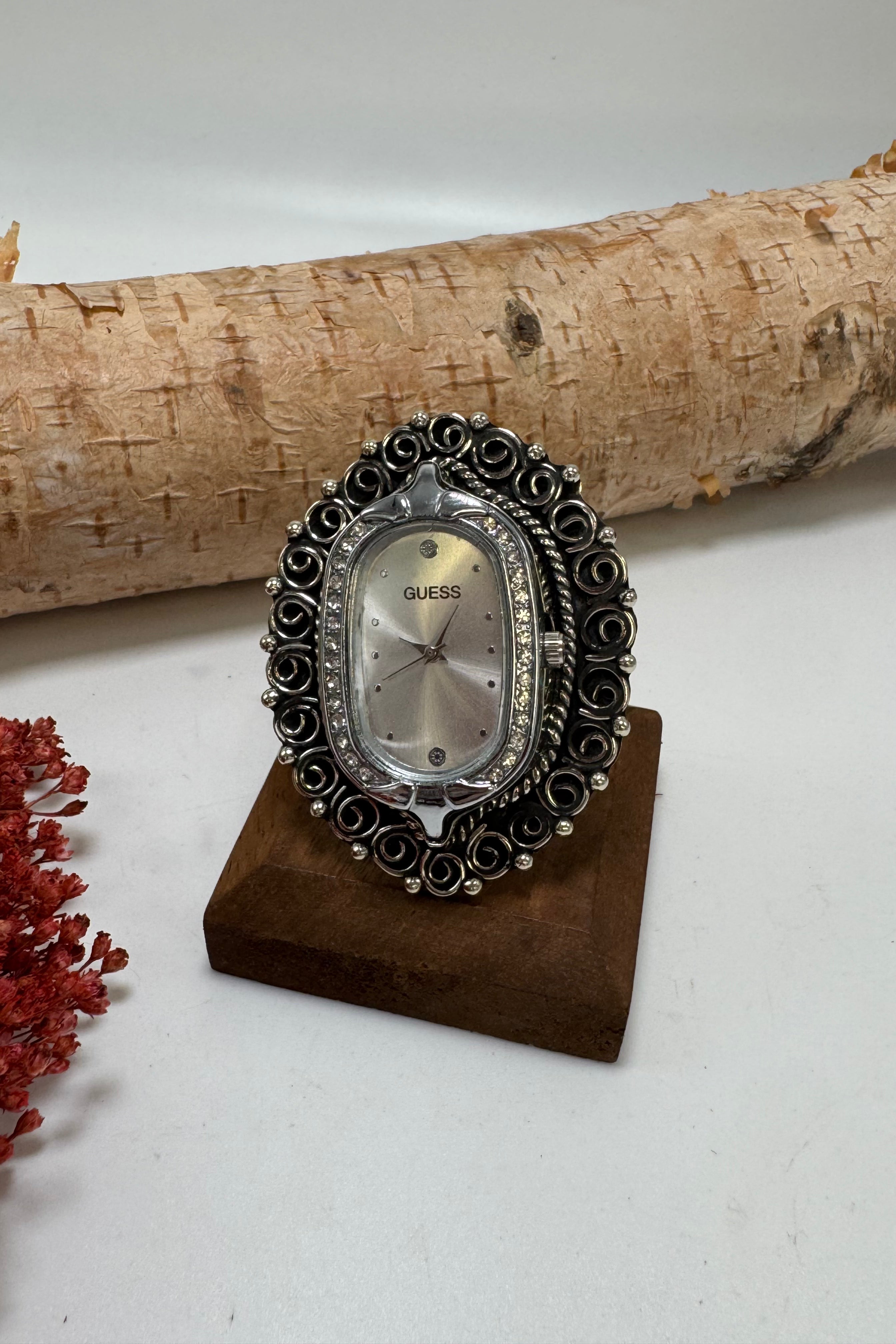 Silver Guess Swirled Watch Ring