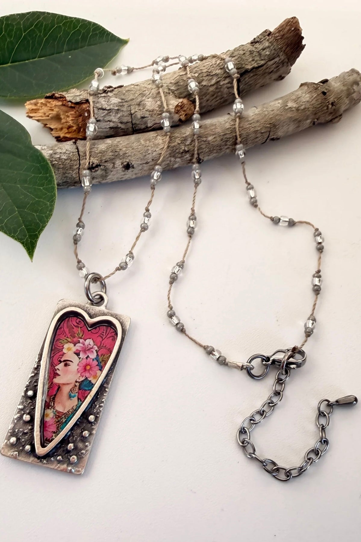 Spirit Lala: Rectangle Pink Floral Frida Crochet Necklace