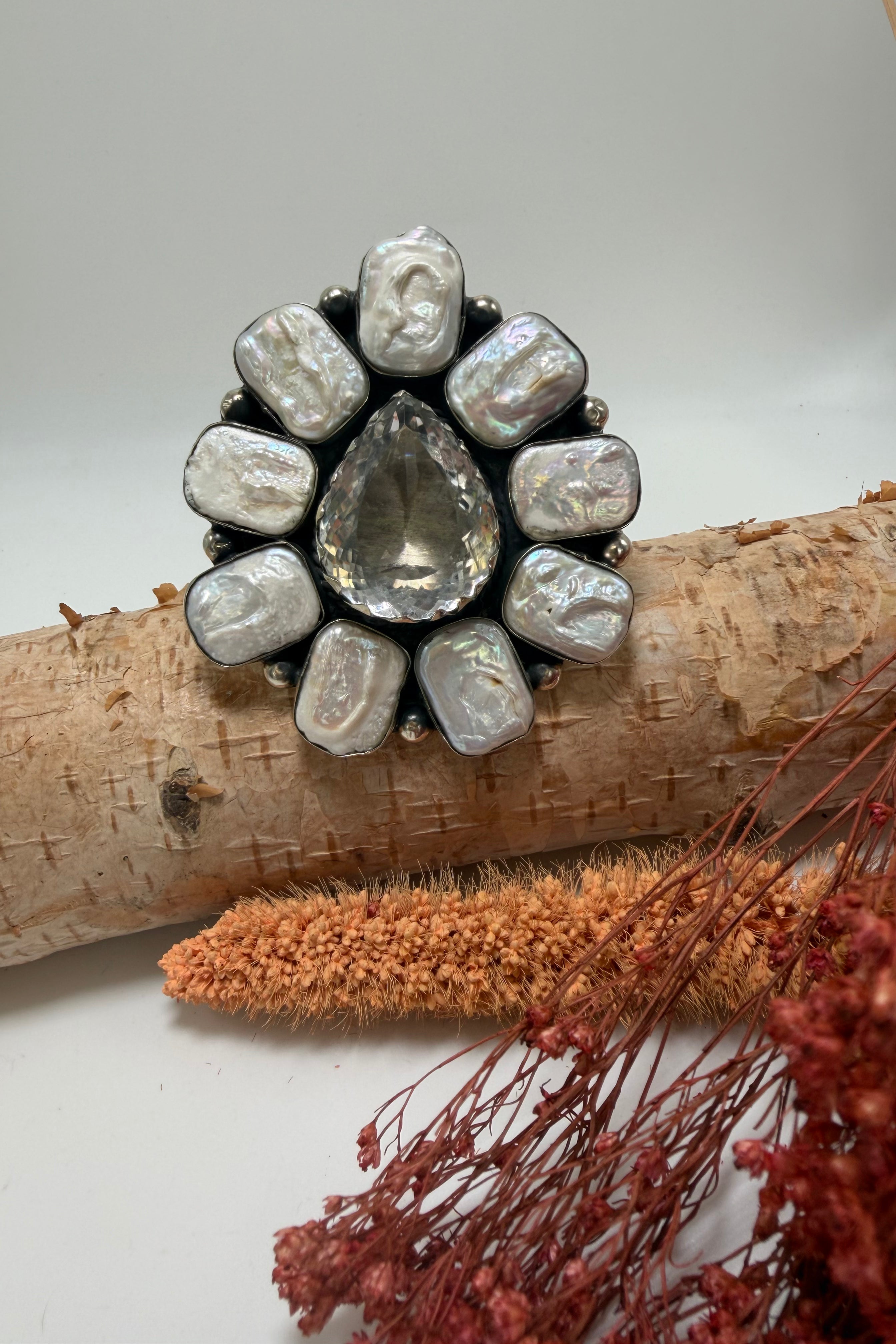 Tear Drop Inside Quartzs & Pearl Ring