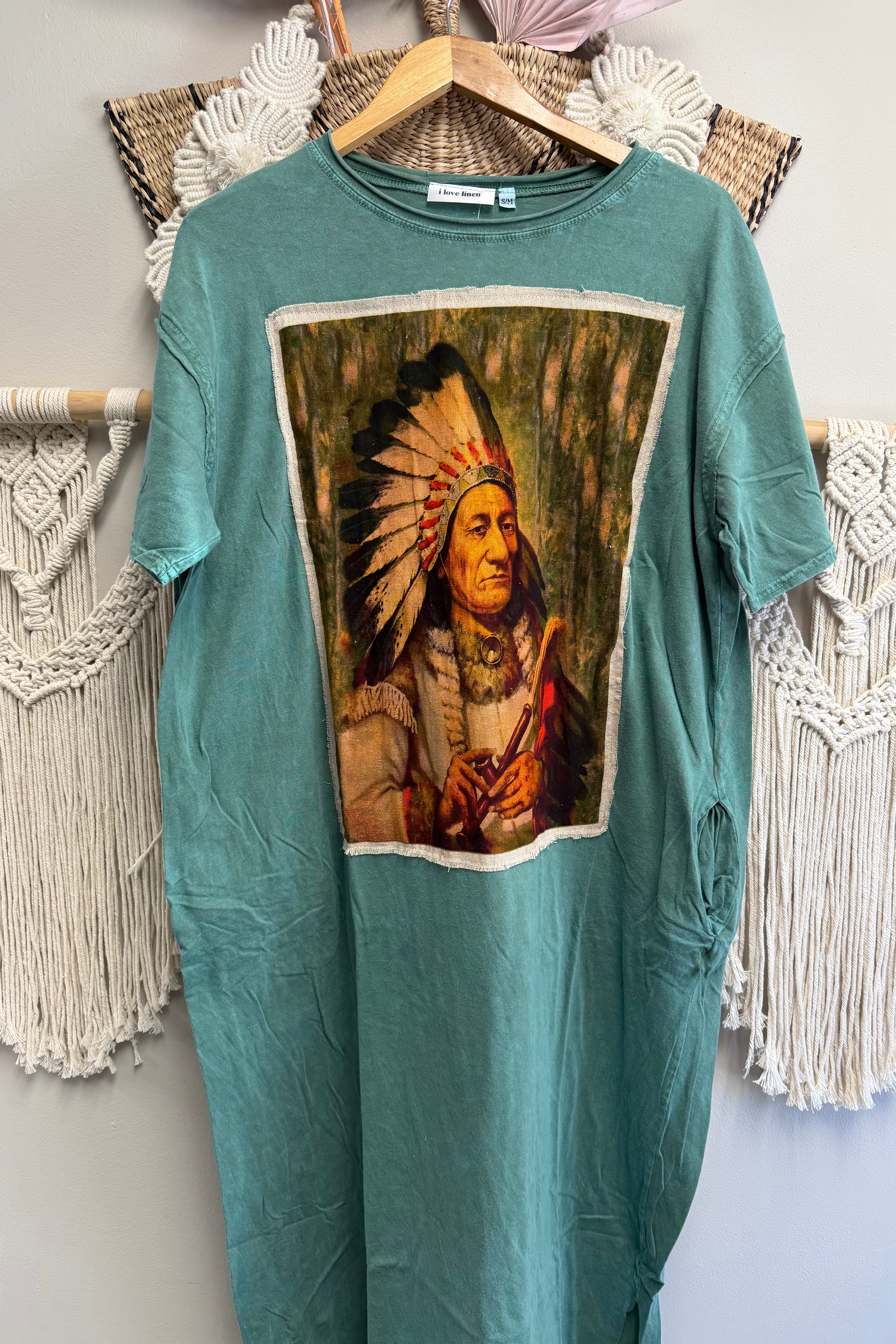 T-Shirt Dress with Patchwork Print of Sitting Bull
