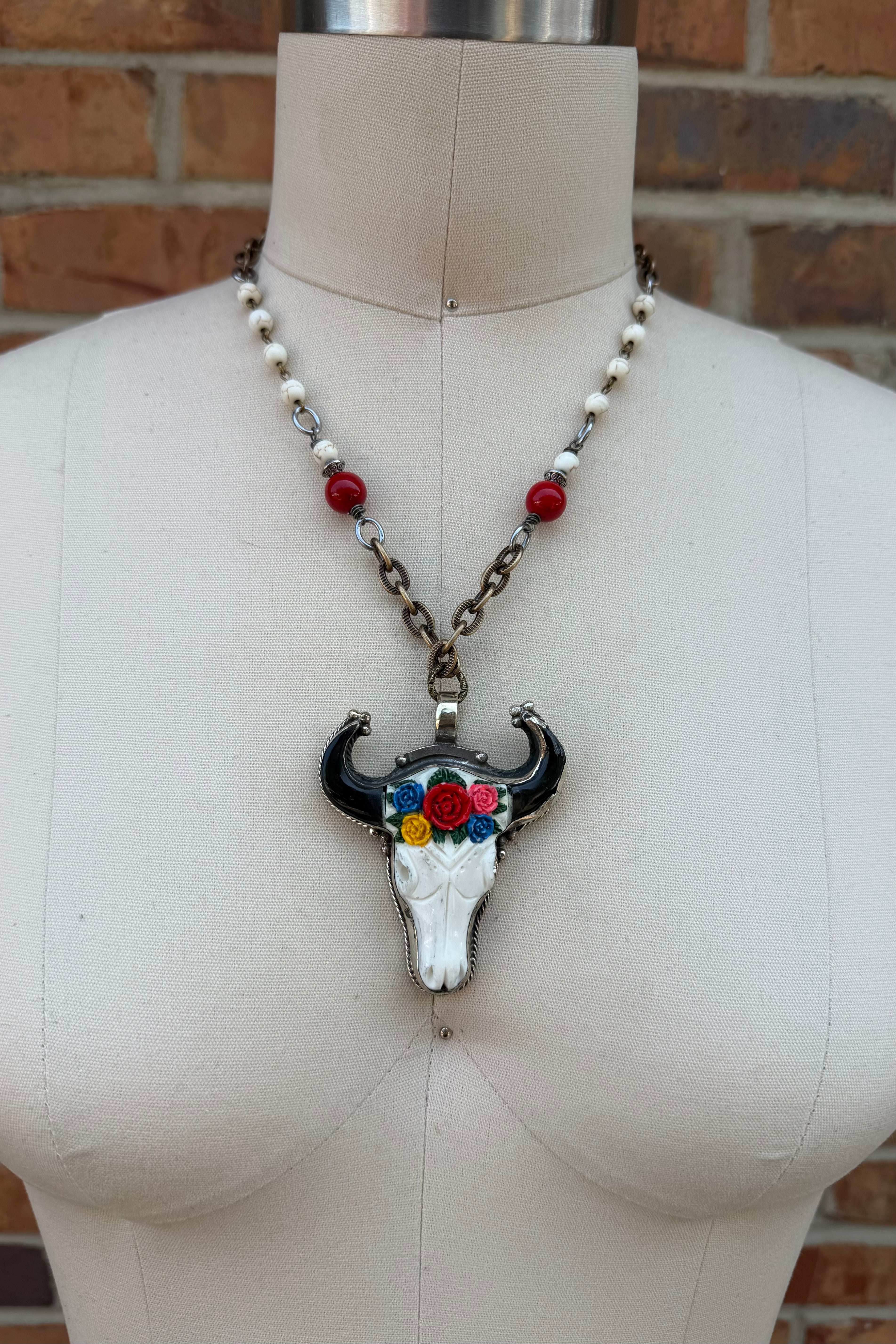 Flower Crown Skull Necklace in Red Bead