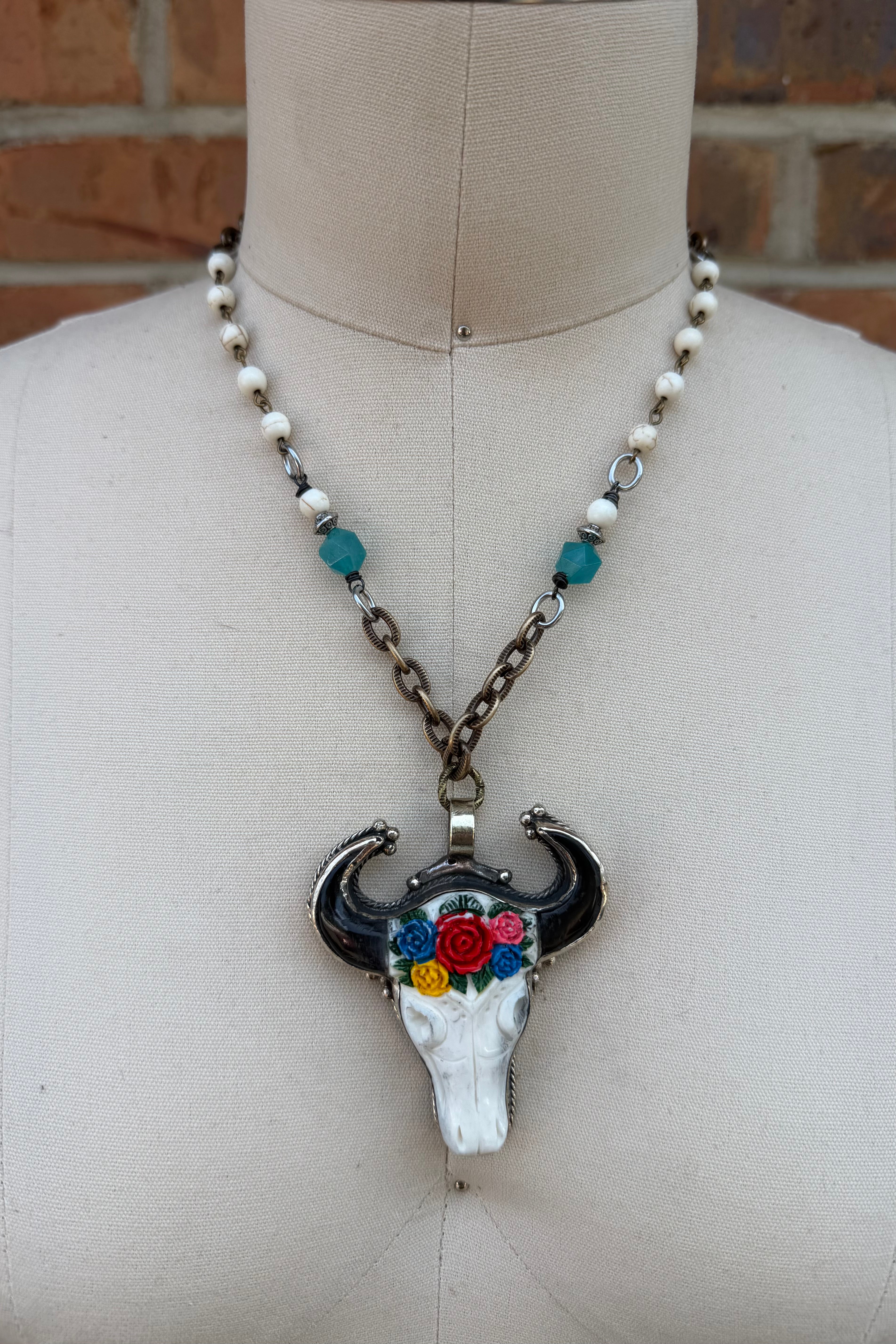 Flower Crown Skull Necklace in Blue Bead