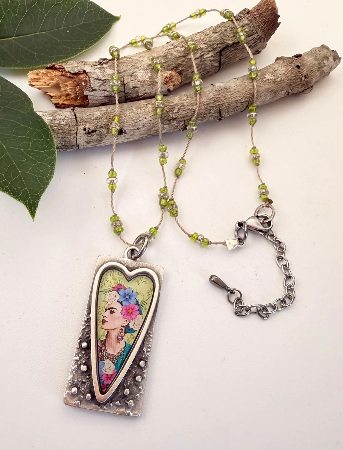 Spirit Lala: Rectangle Green Floral Frida Crochet Necklace