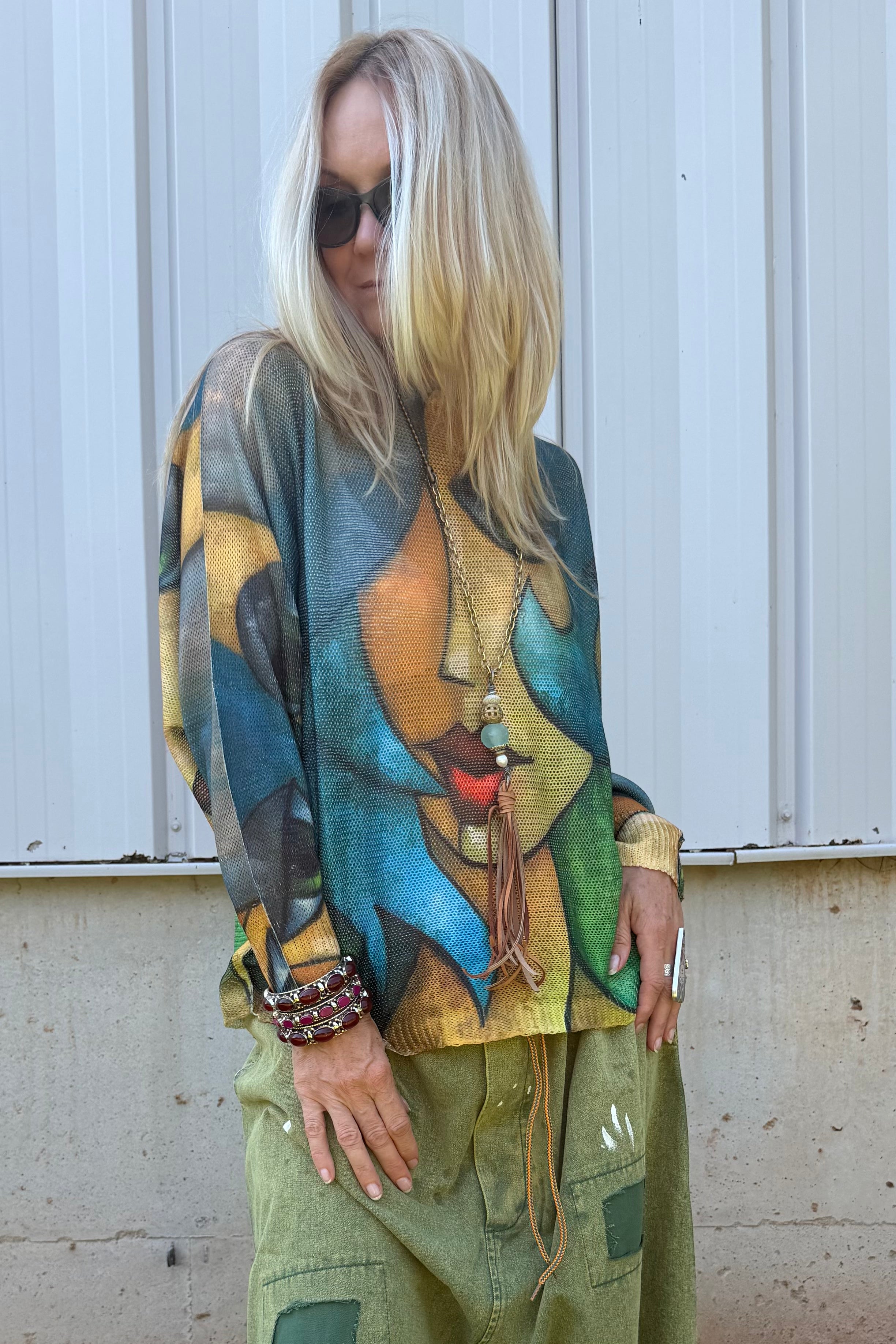 Blue " Picasso" V-Neck Knit Printed Sweater