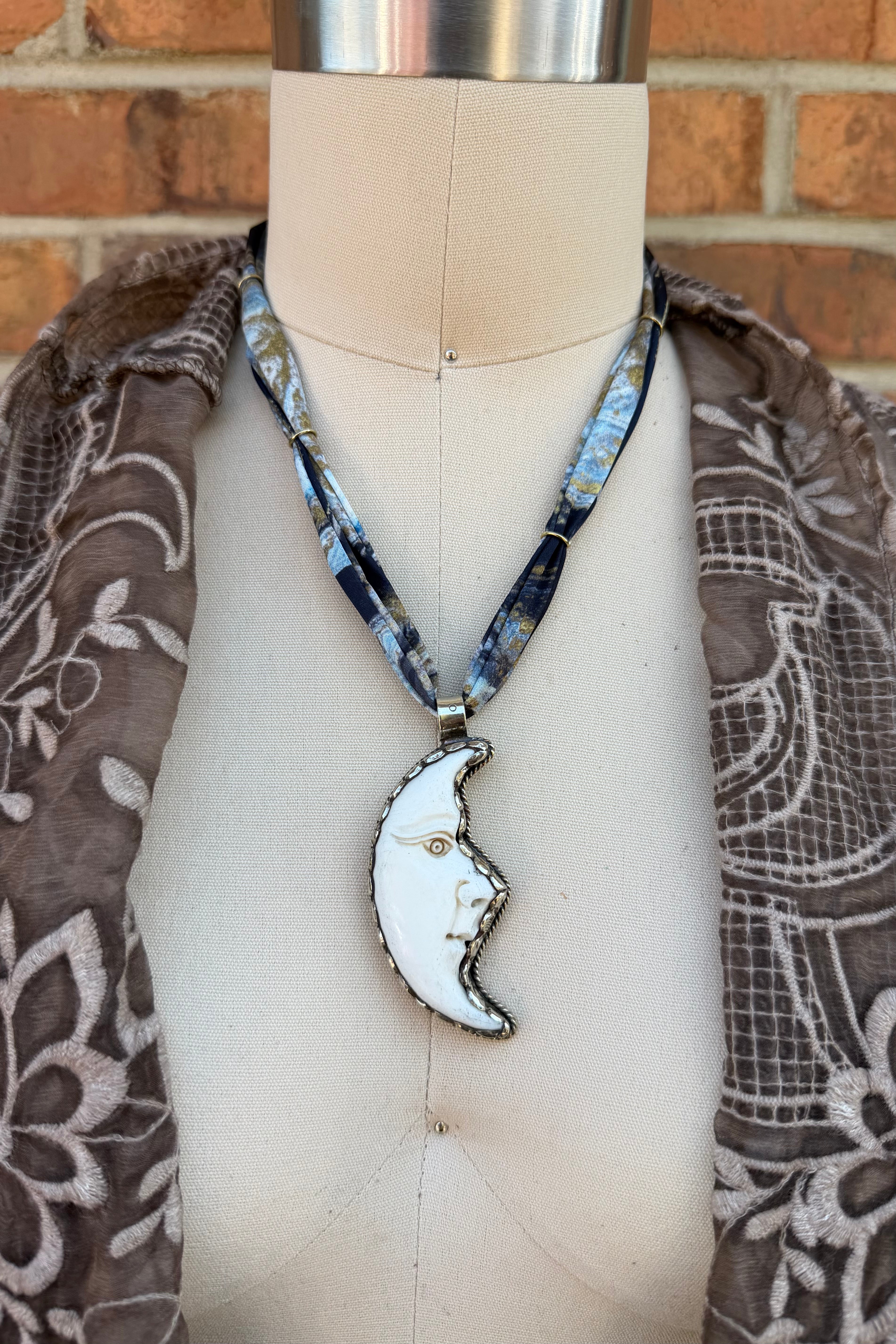 OOAK Crescent Moon on Fabric Necklace