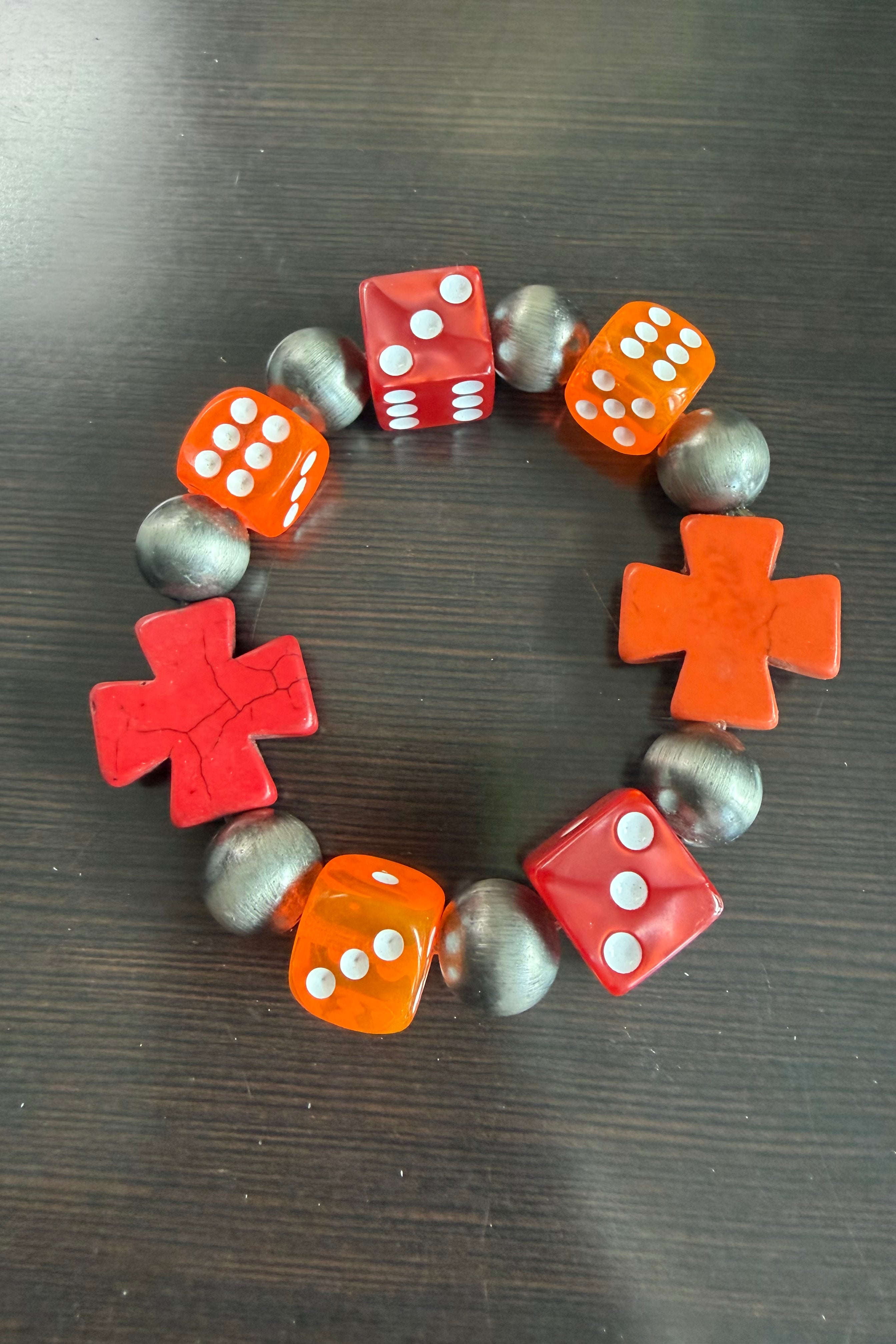 Orange and Red Cross and Dice Bracelet