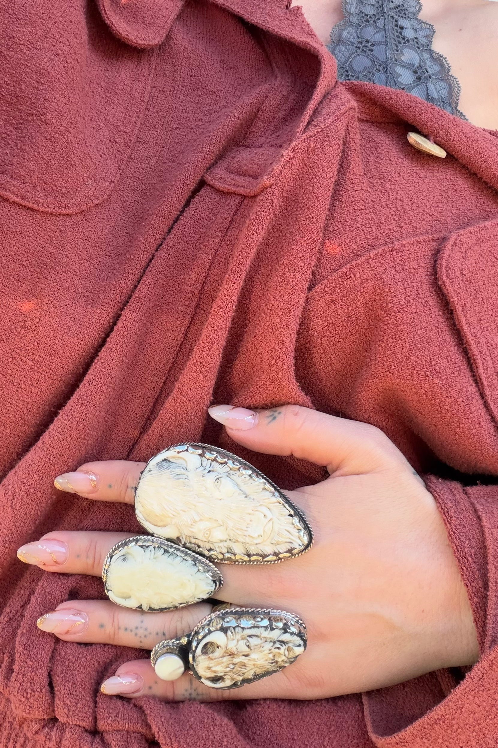 Carved Bison w/ Turquoise Ring