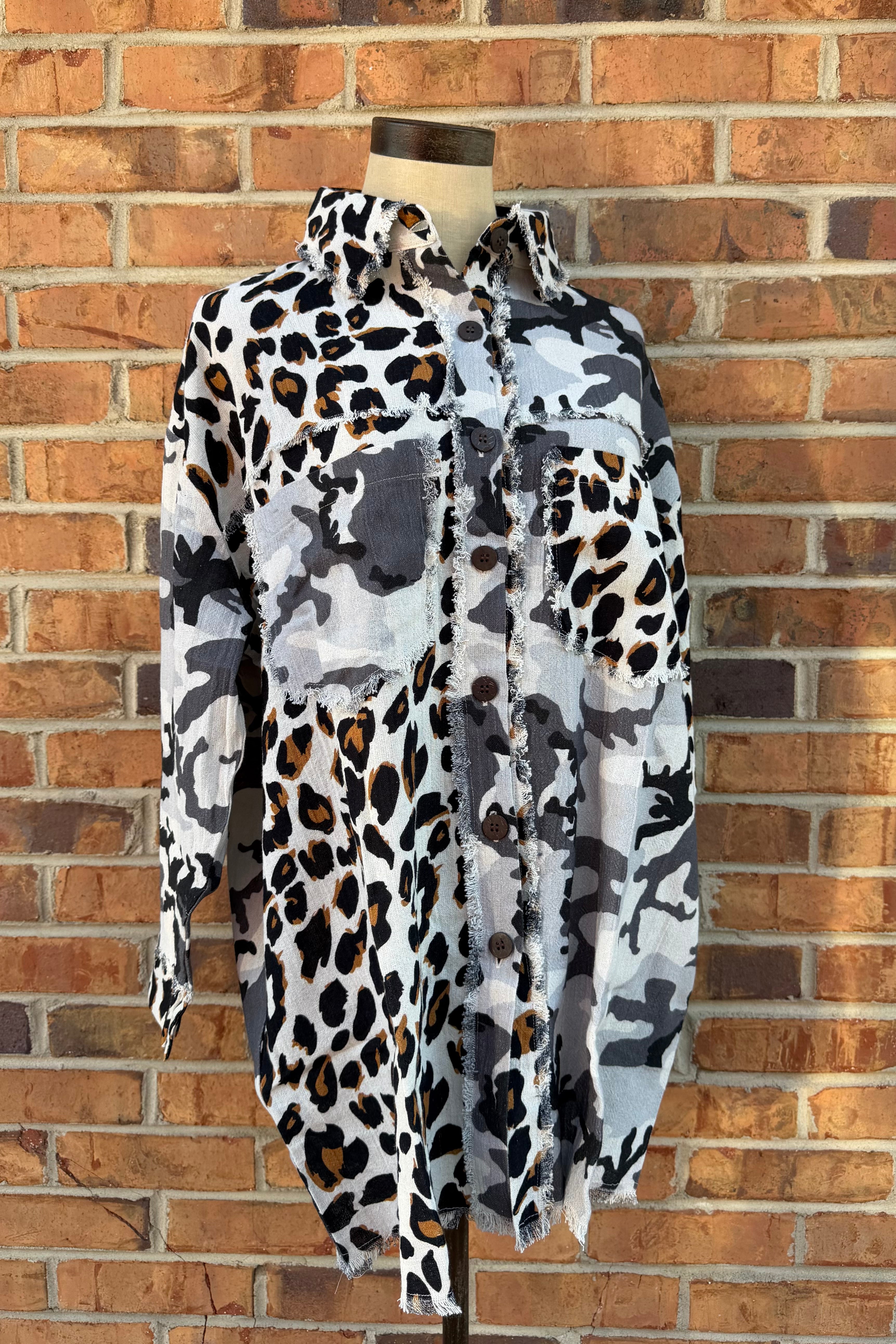 Shacket with Leopard/Camo & B/W Patchwork on Back