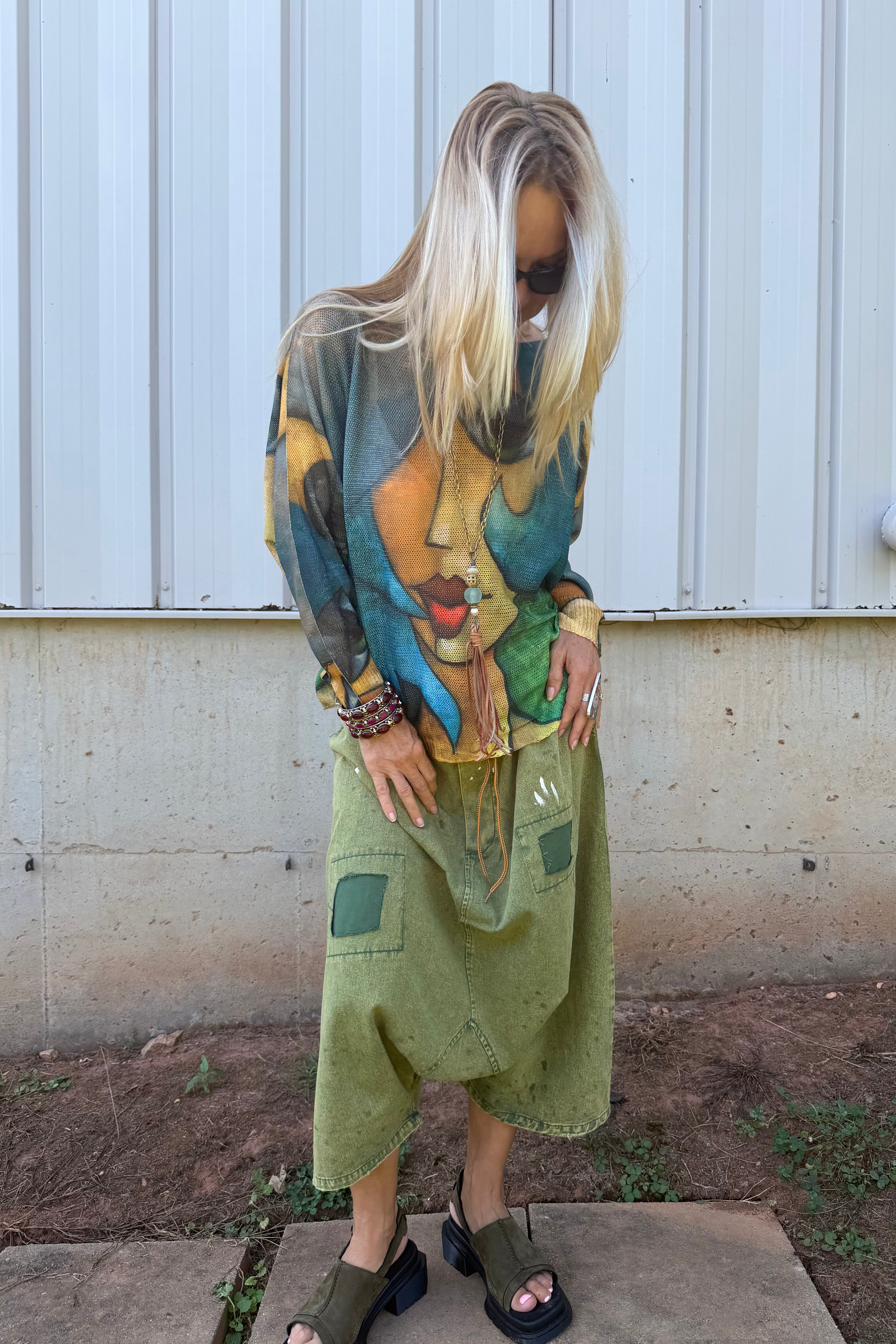 Blue " Picasso" V-Neck Knit Printed Sweater