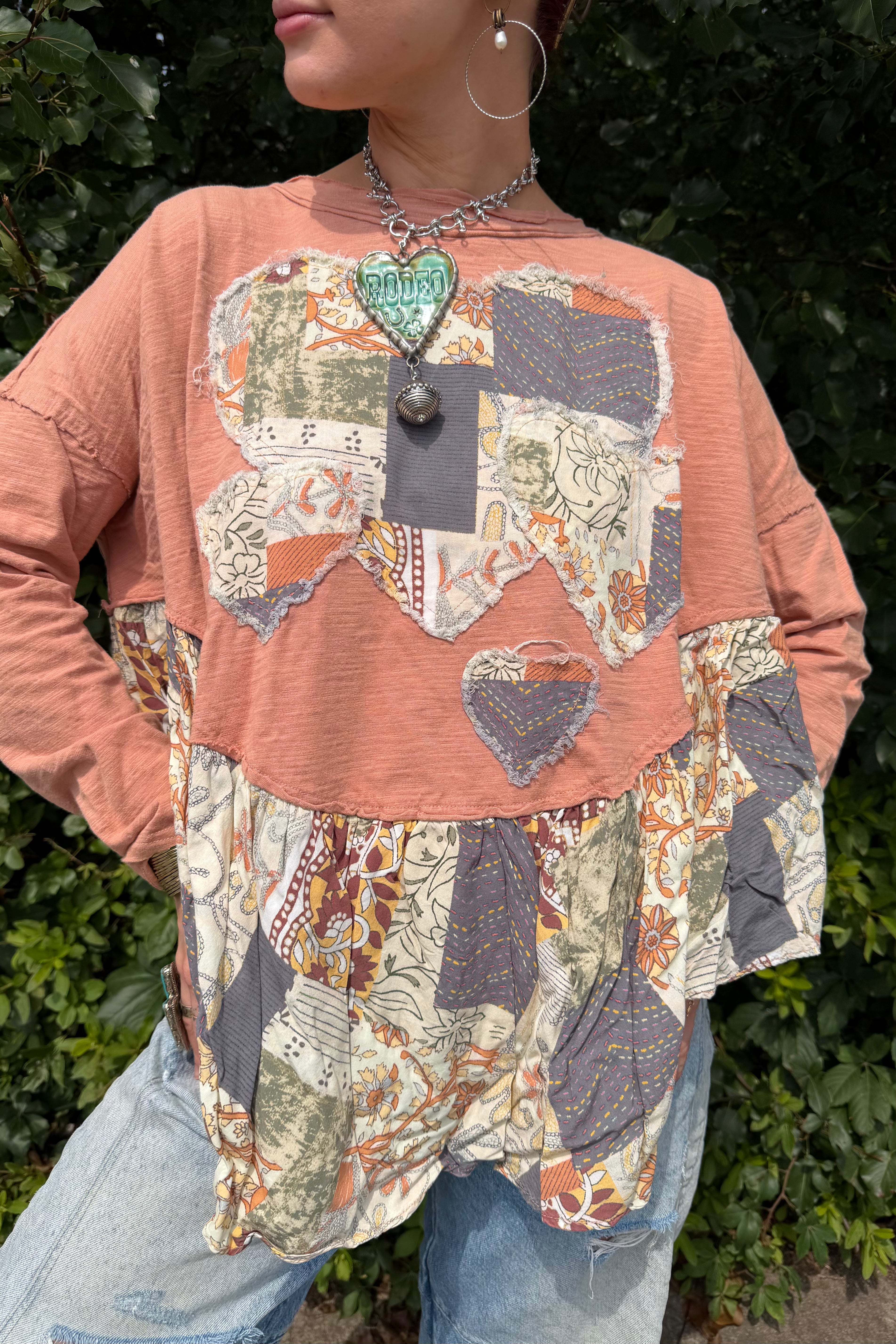 Hearted Mixed Fabric Top