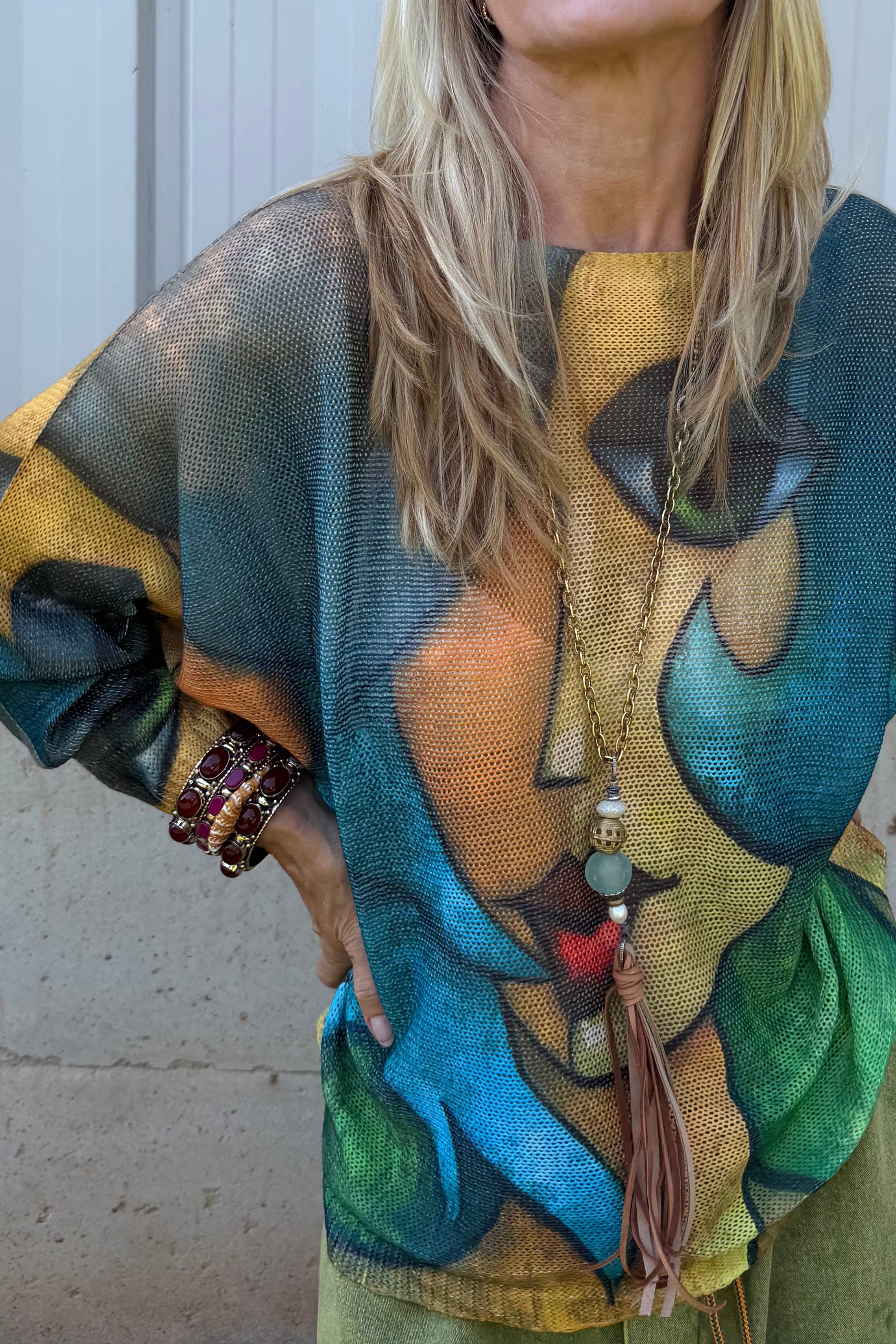Blue " Picasso" V-Neck Knit Printed Sweater