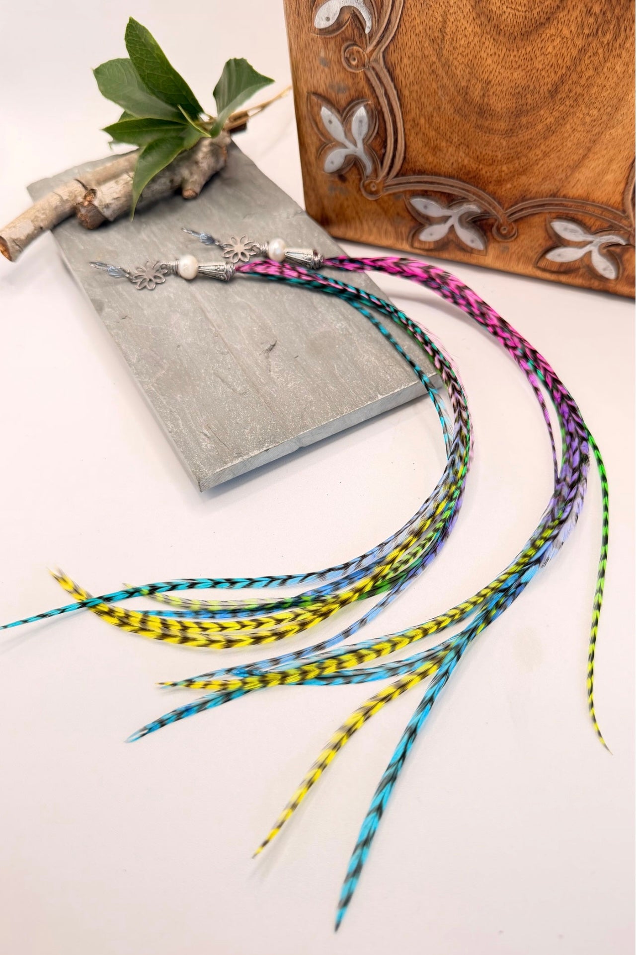 Spirit Lala Boho: Pearl Drop Rainbow Feather
Earrings