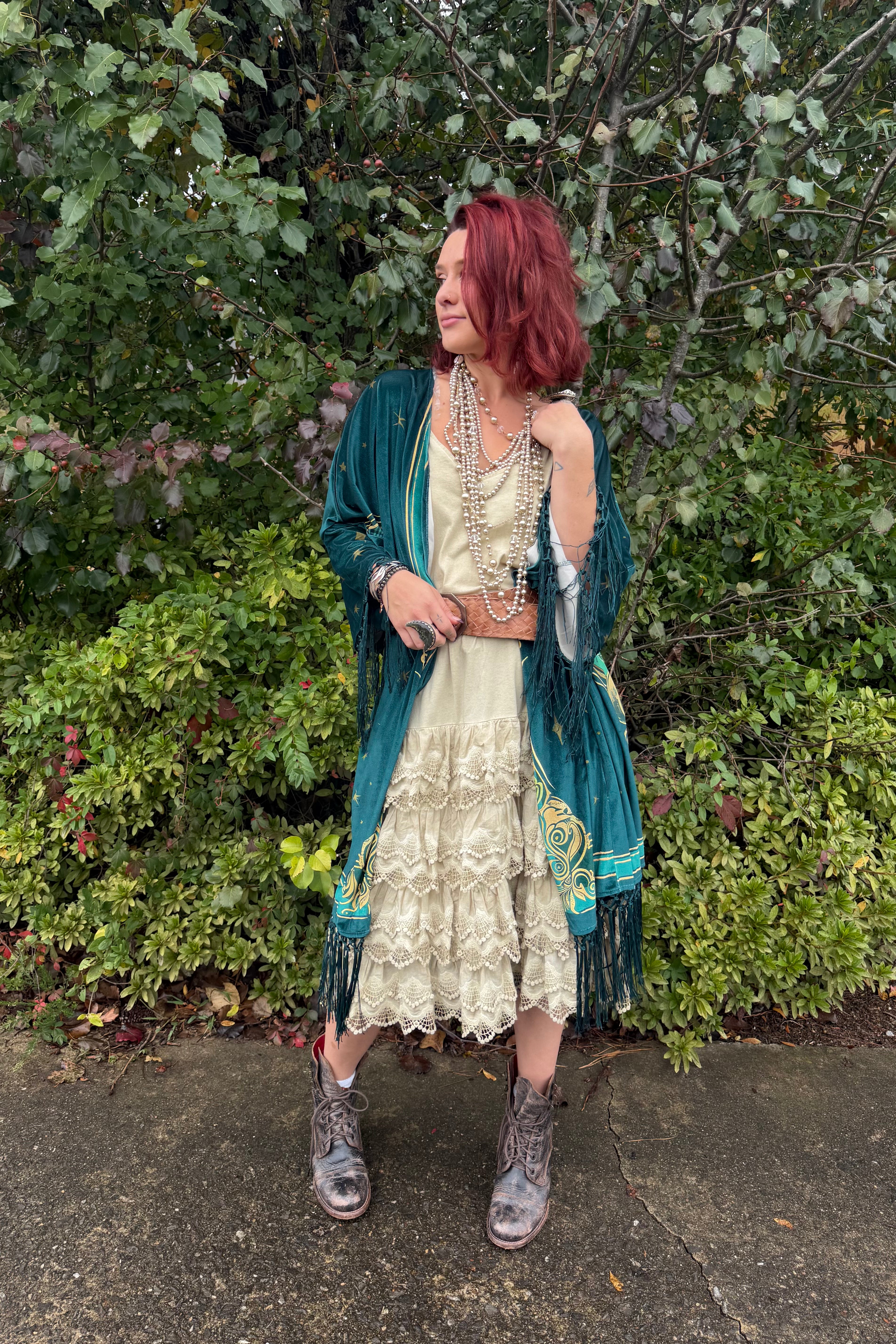 Final Sale - Unique Vintage 1930s Green Art Nouveau Fringe Kimono: One Size