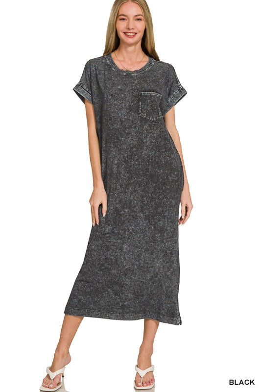 WASHED EXPOSED SEAM SHORT SLEEVE T-Shirt Dress In Black
