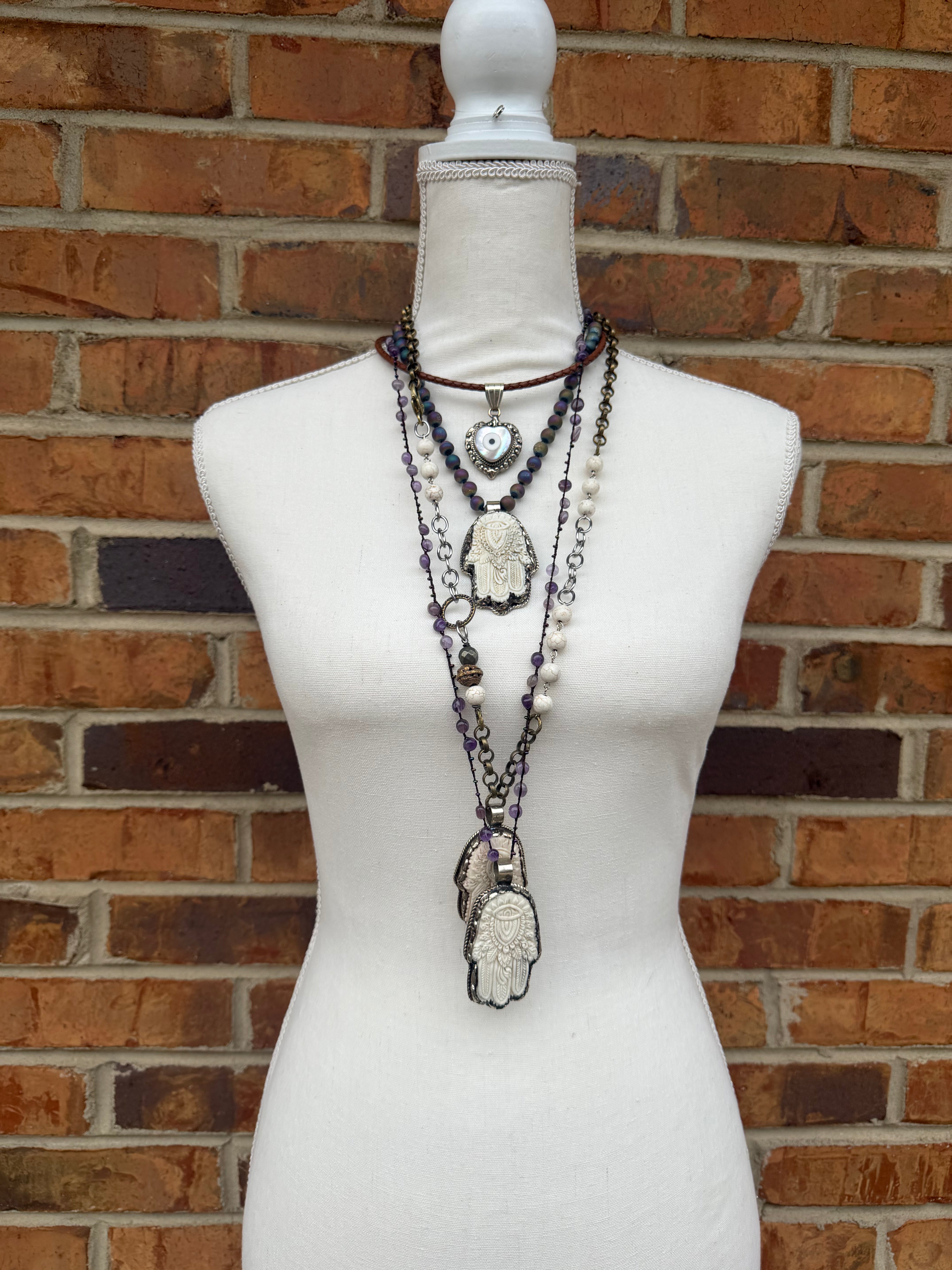 Hamsa Hand Necklace on Knotted Gemstone Chain