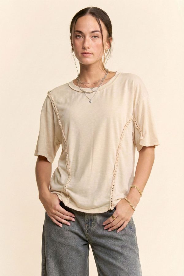 Braided Seam Detailed Drop Shoulder Top in Beige