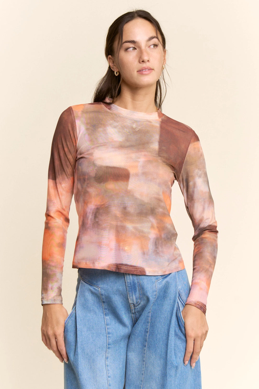 Sheer Long Sleeve Top in Orange