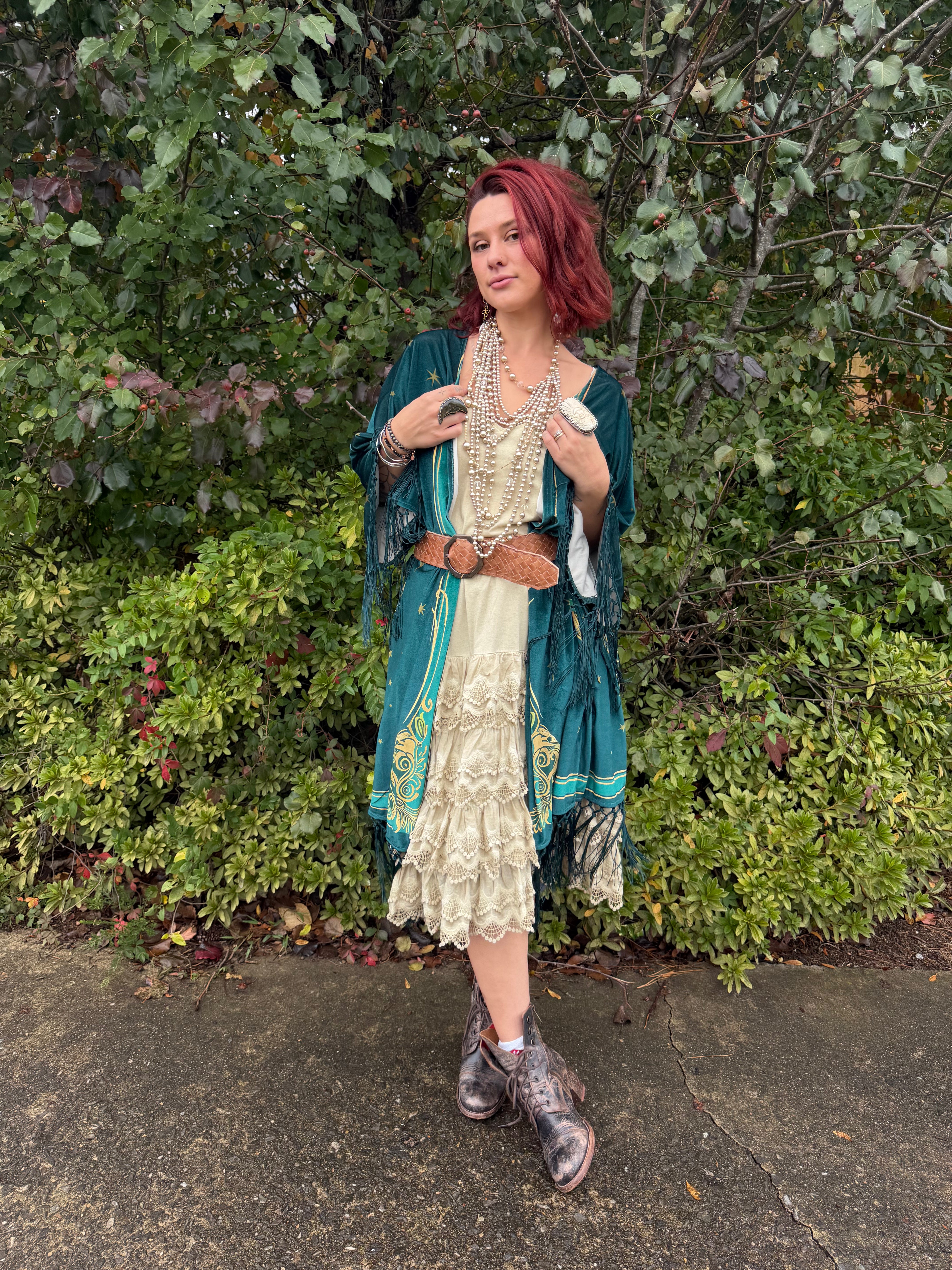 Final Sale - Unique Vintage 1930s Green Art Nouveau Fringe Kimono: One Size