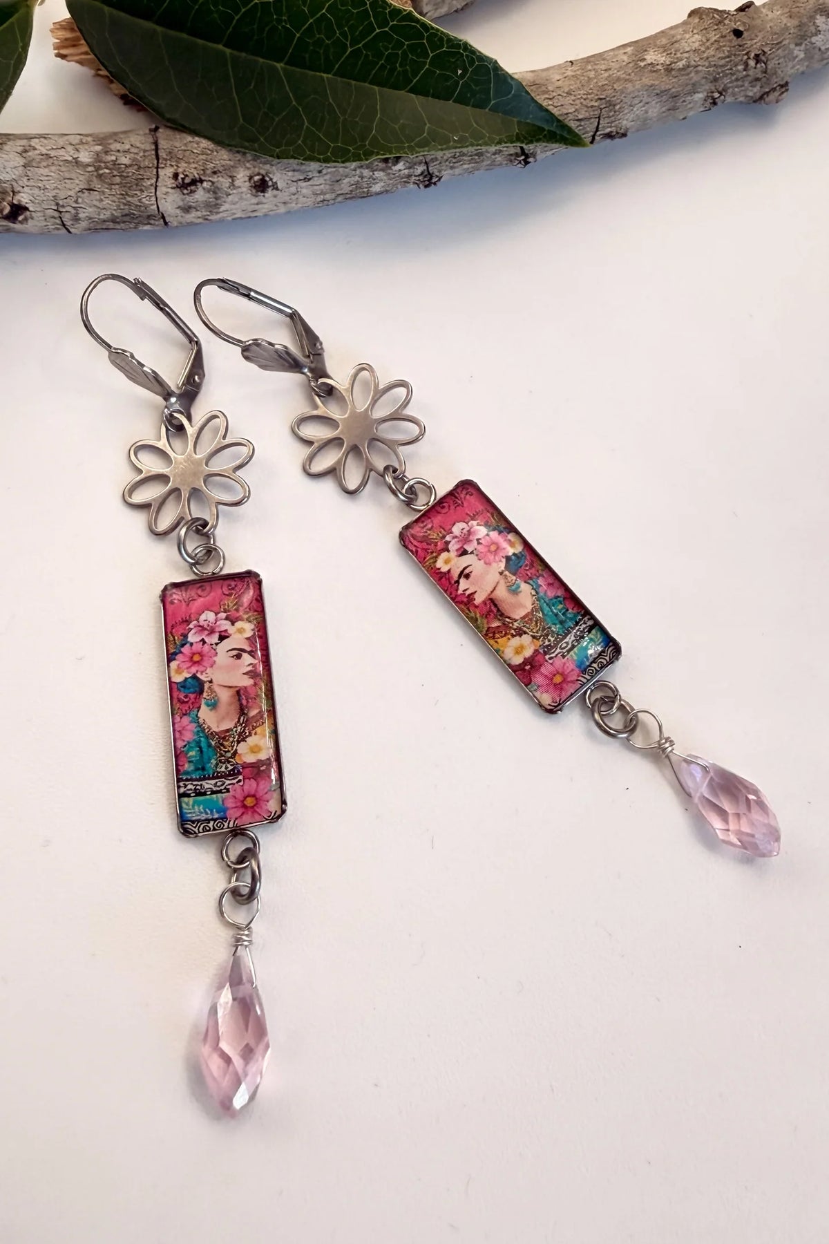 Spirit Lala: Pink Floral Frida Rectangle Daisy Earrings