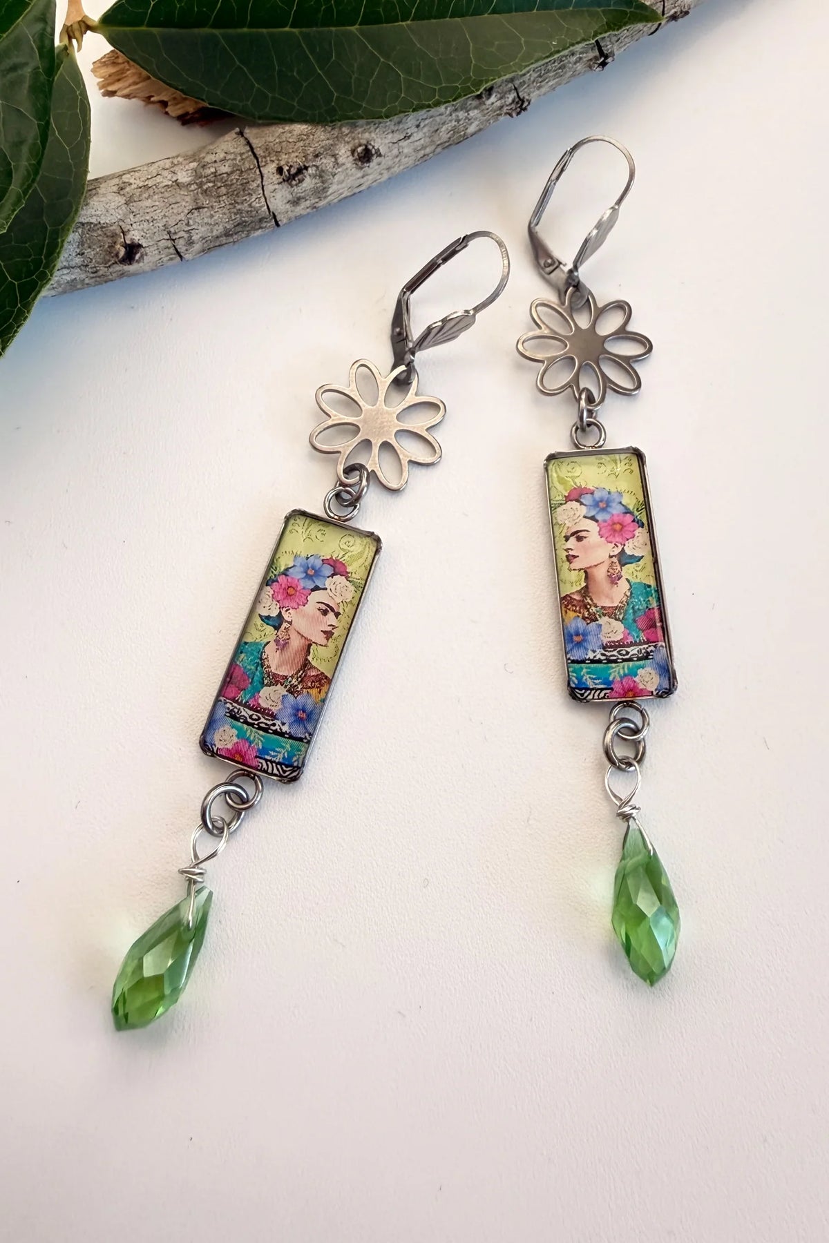 Spirit Lala: Green Floral Frida Rectangle Daisy Earrings