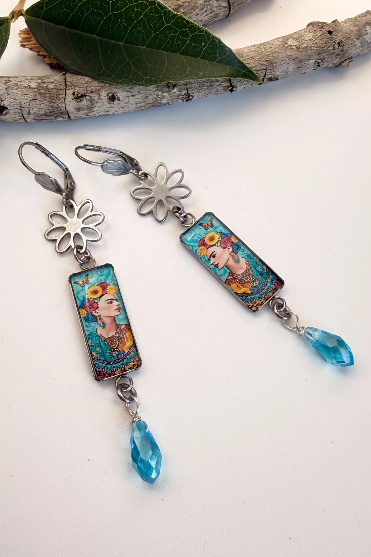 Spirit Lala: Blue Floral Frida Rectangle Daisy Earrings