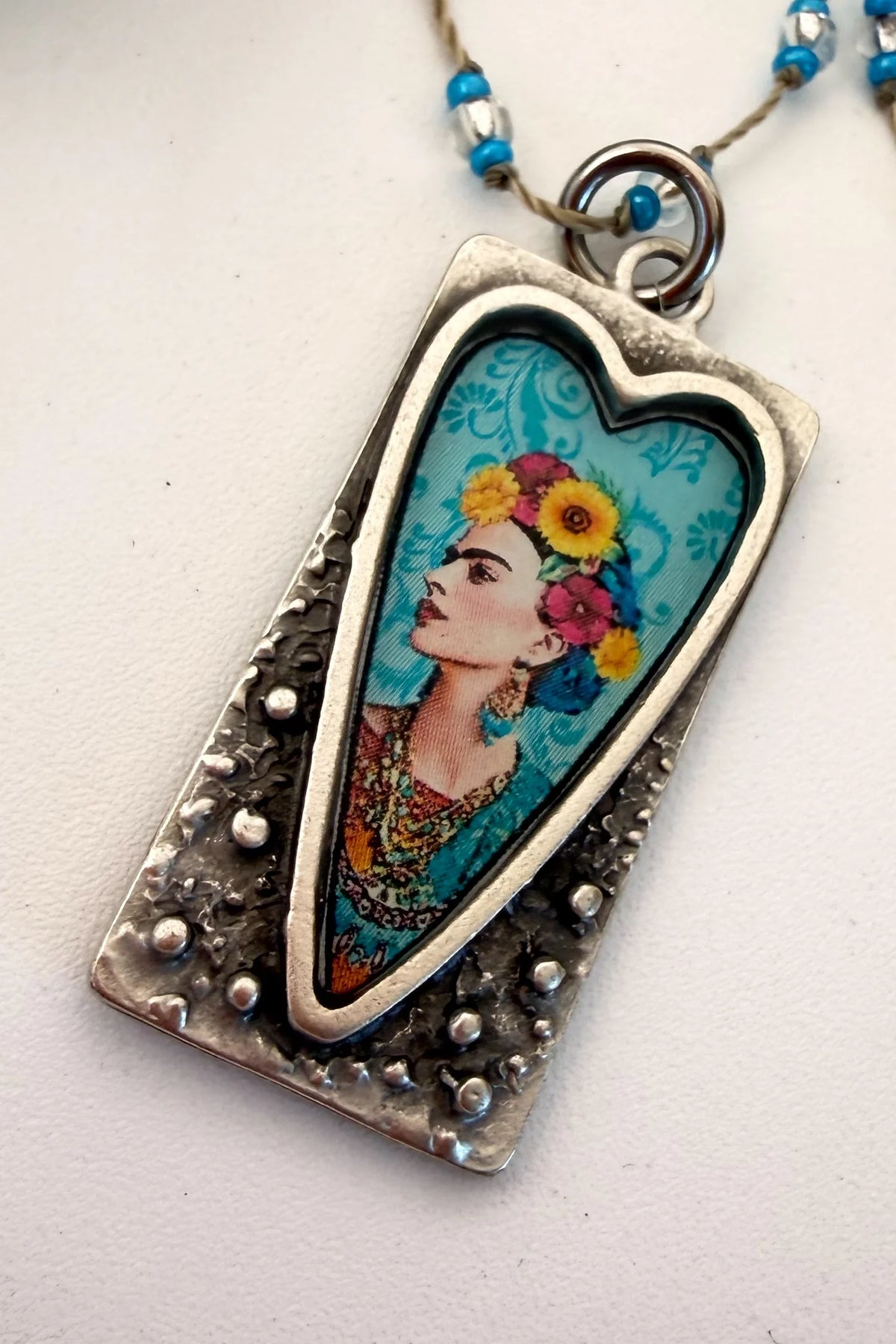 Spirit Lala: Rectangle Blue Floral Frida Crochet Necklace