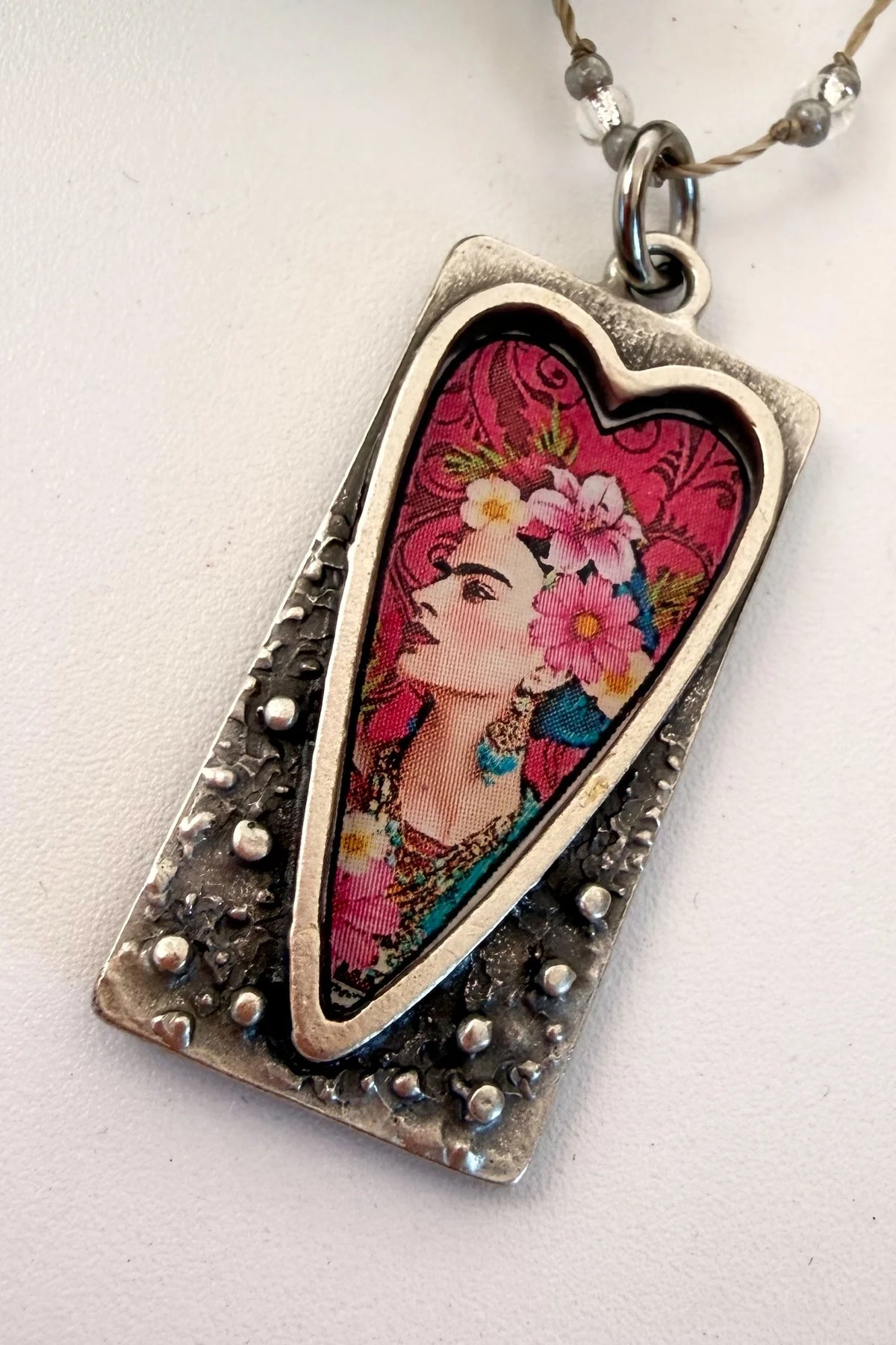 Spirit Lala: Rectangle Pink Floral Frida Crochet Necklace