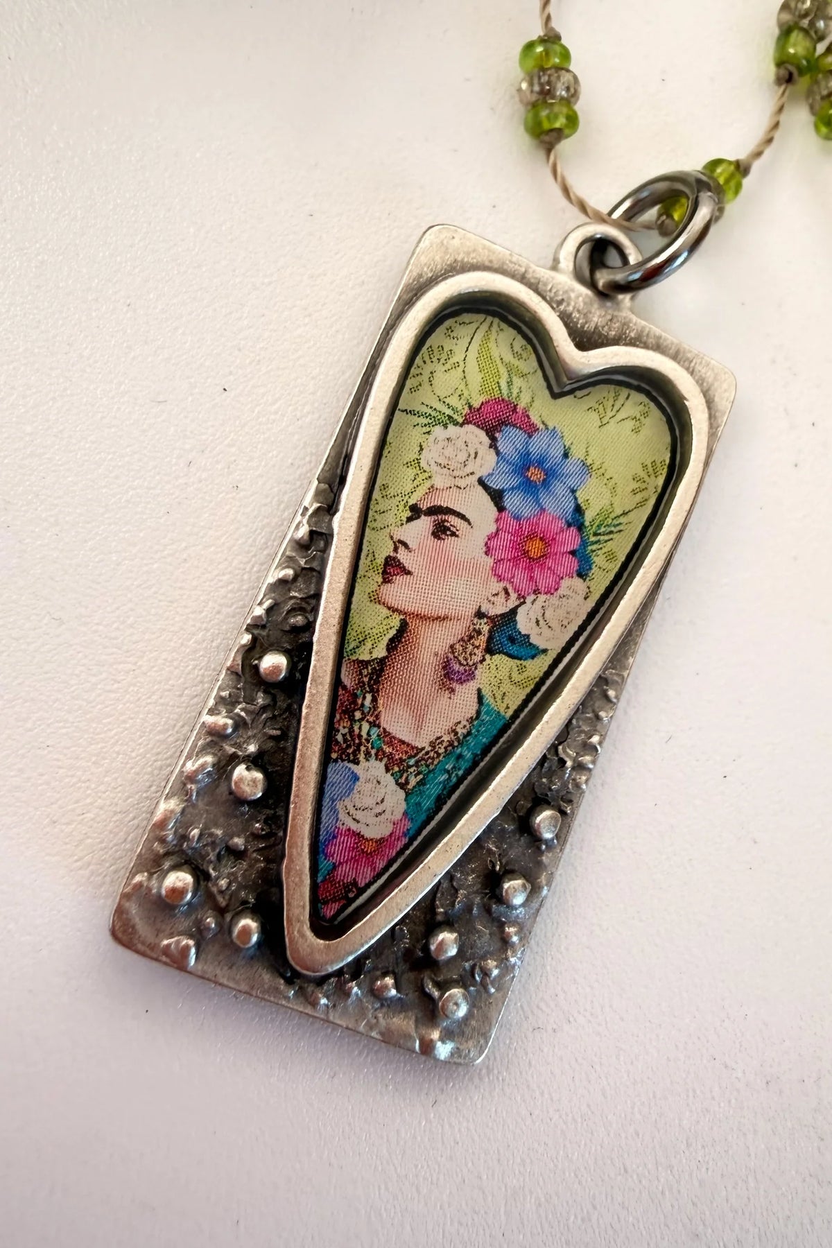 Spirit Lala: Rectangle Green Floral Frida Crochet Necklace