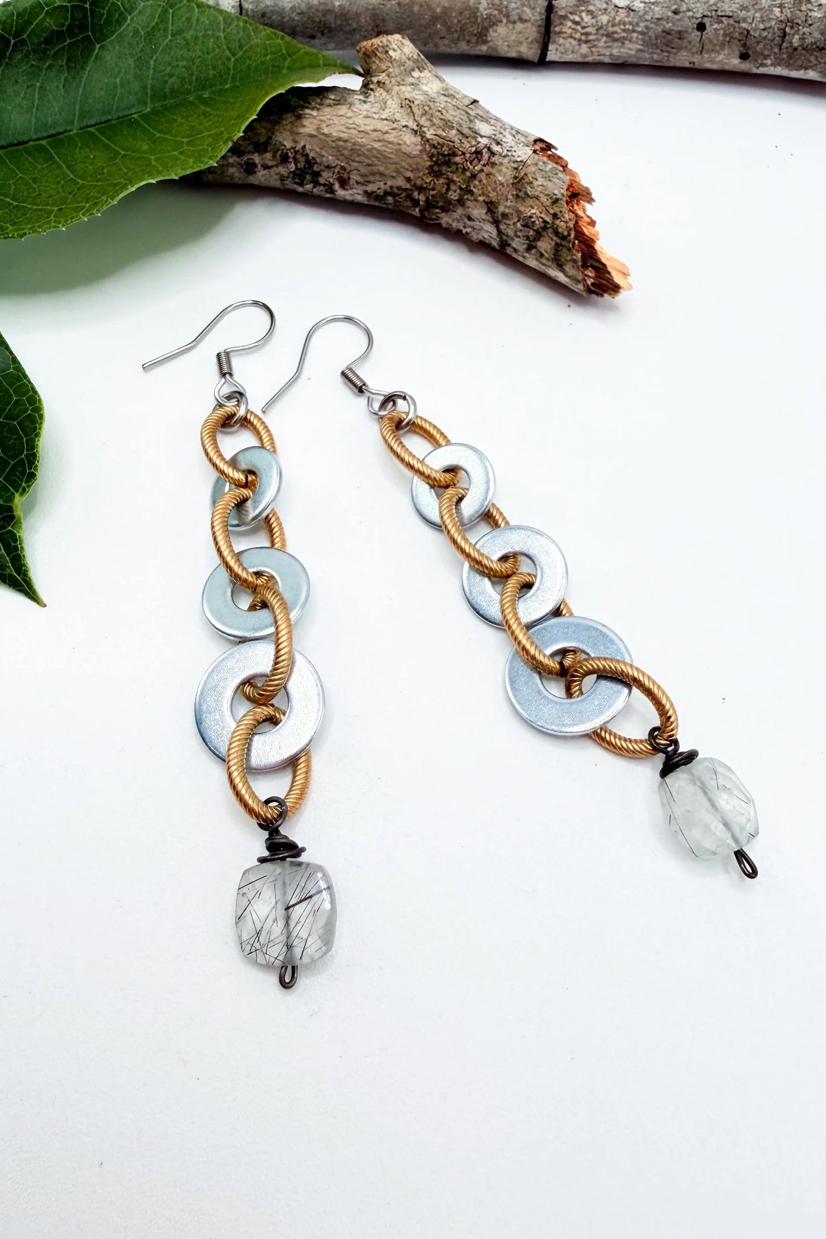Vintage Mixed Metal Square Quartz Washer Earrings