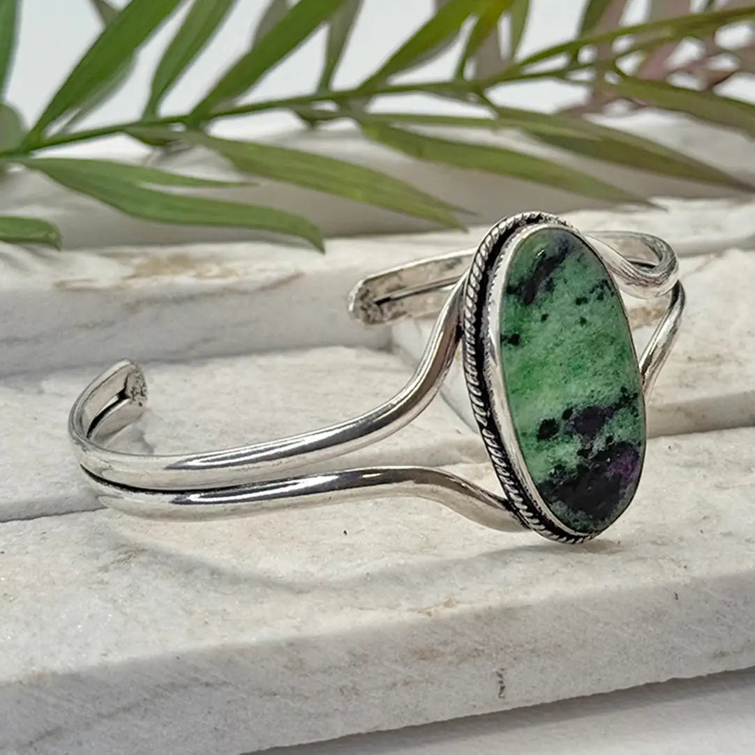 Handcrafted Kashi Semiprecious Stone Cuff - Ruby Zoisite