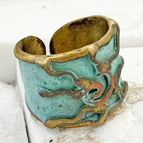 Handcrafted Verdigris River Swirl Brass Patina Ring