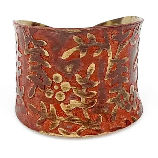 Brass Patina Ring - Red Orange Brass Floral Vines Allover