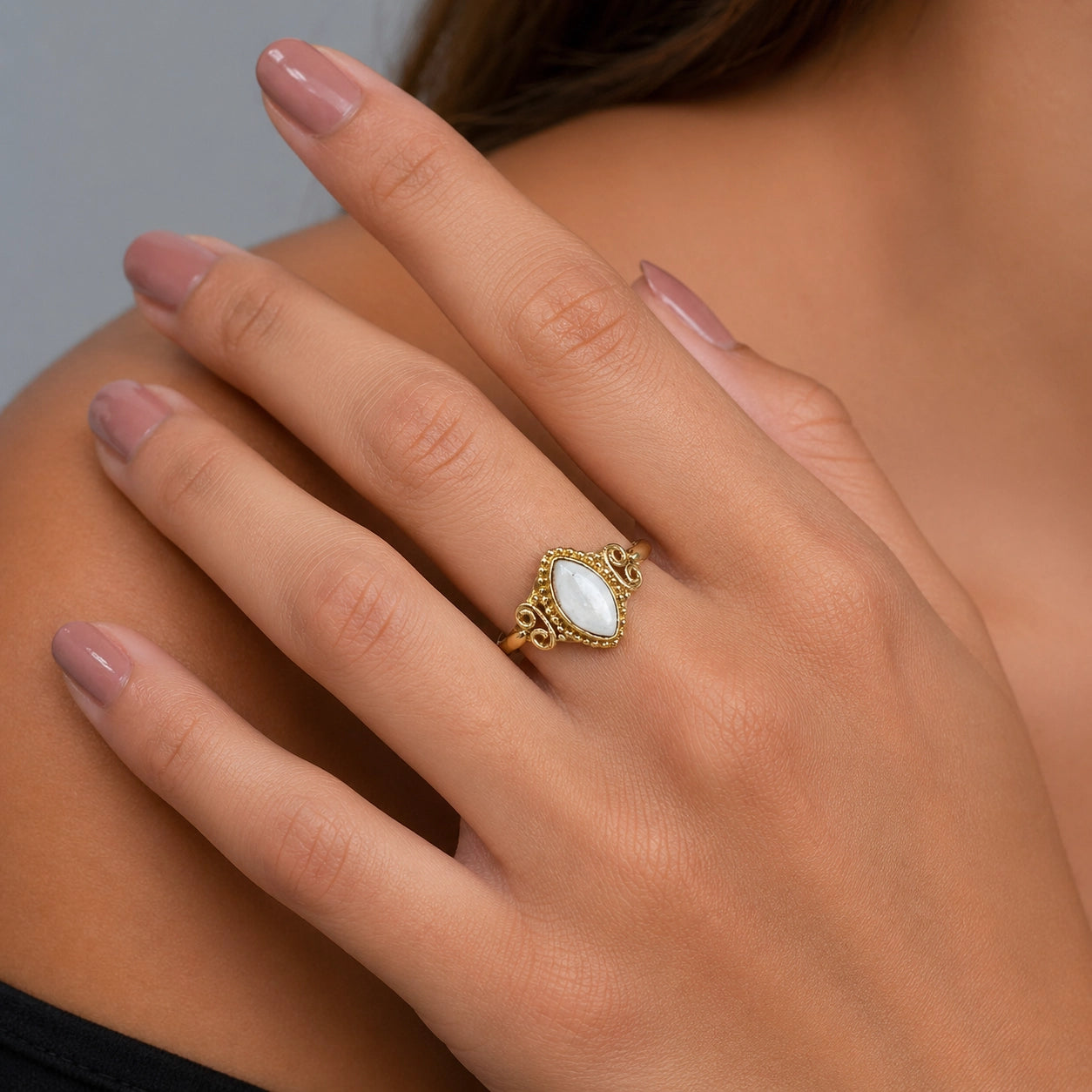 Tanvi Collection Ring - Gold Marquise with Moonstone