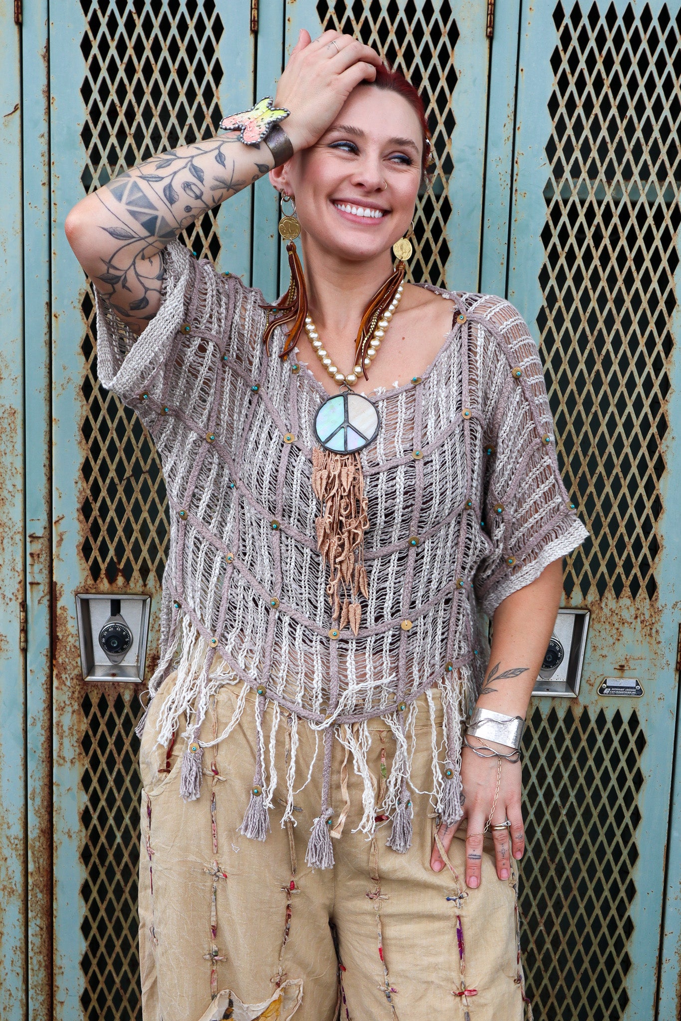 Summer Breeze Boho Tassel Rivet Accent Round Neck Short Sleeve