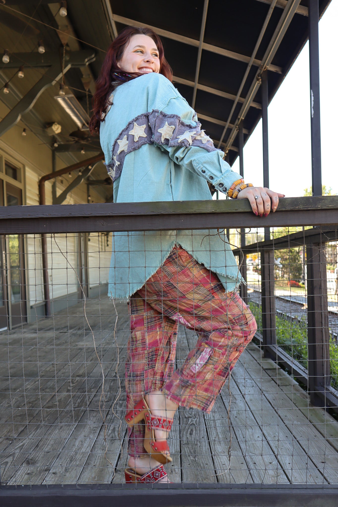 The Boho Patched Traveling on Pants in Red/Navy Plaid