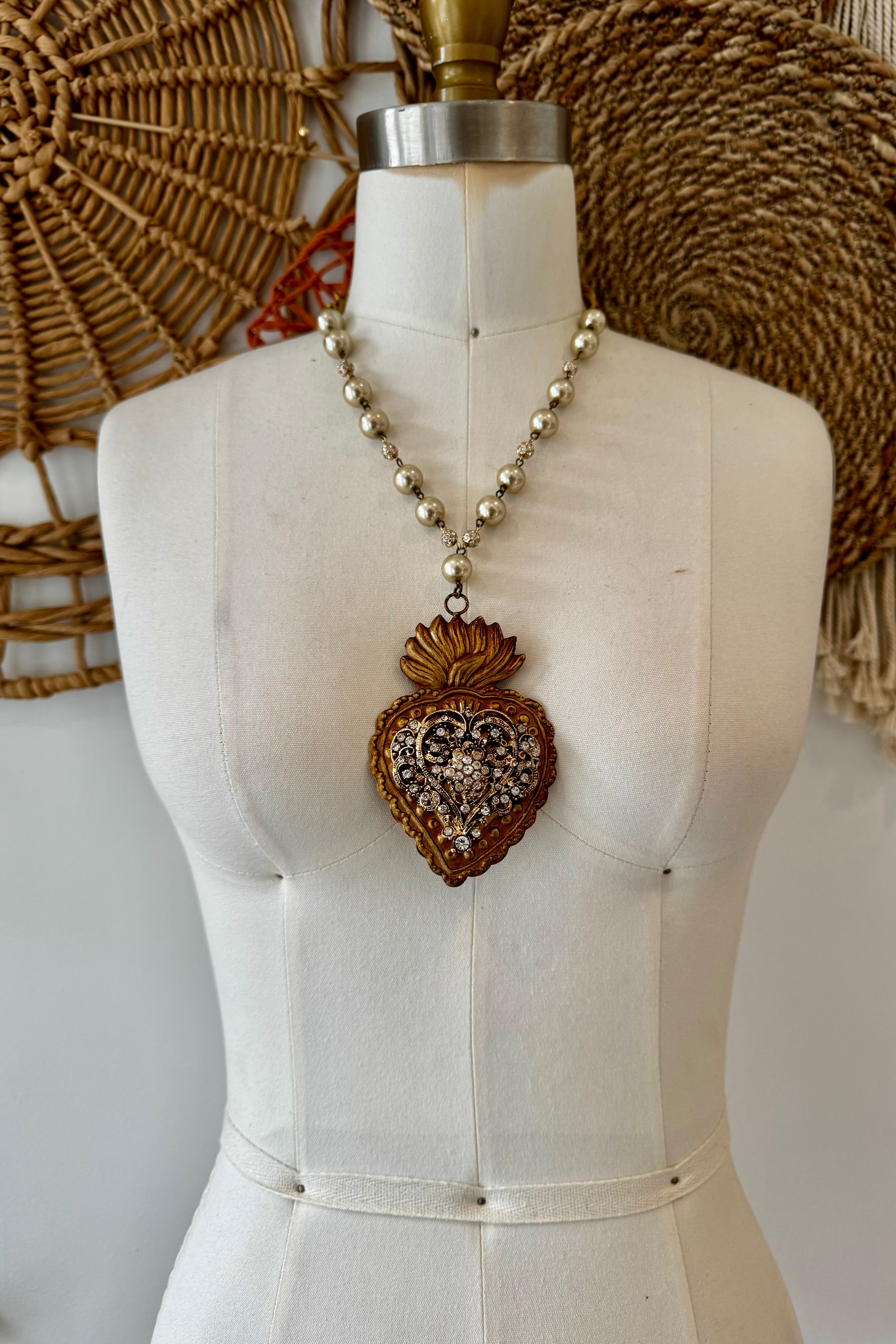 Sacred Heart Pearl Vintage Gold Inspired Necklace