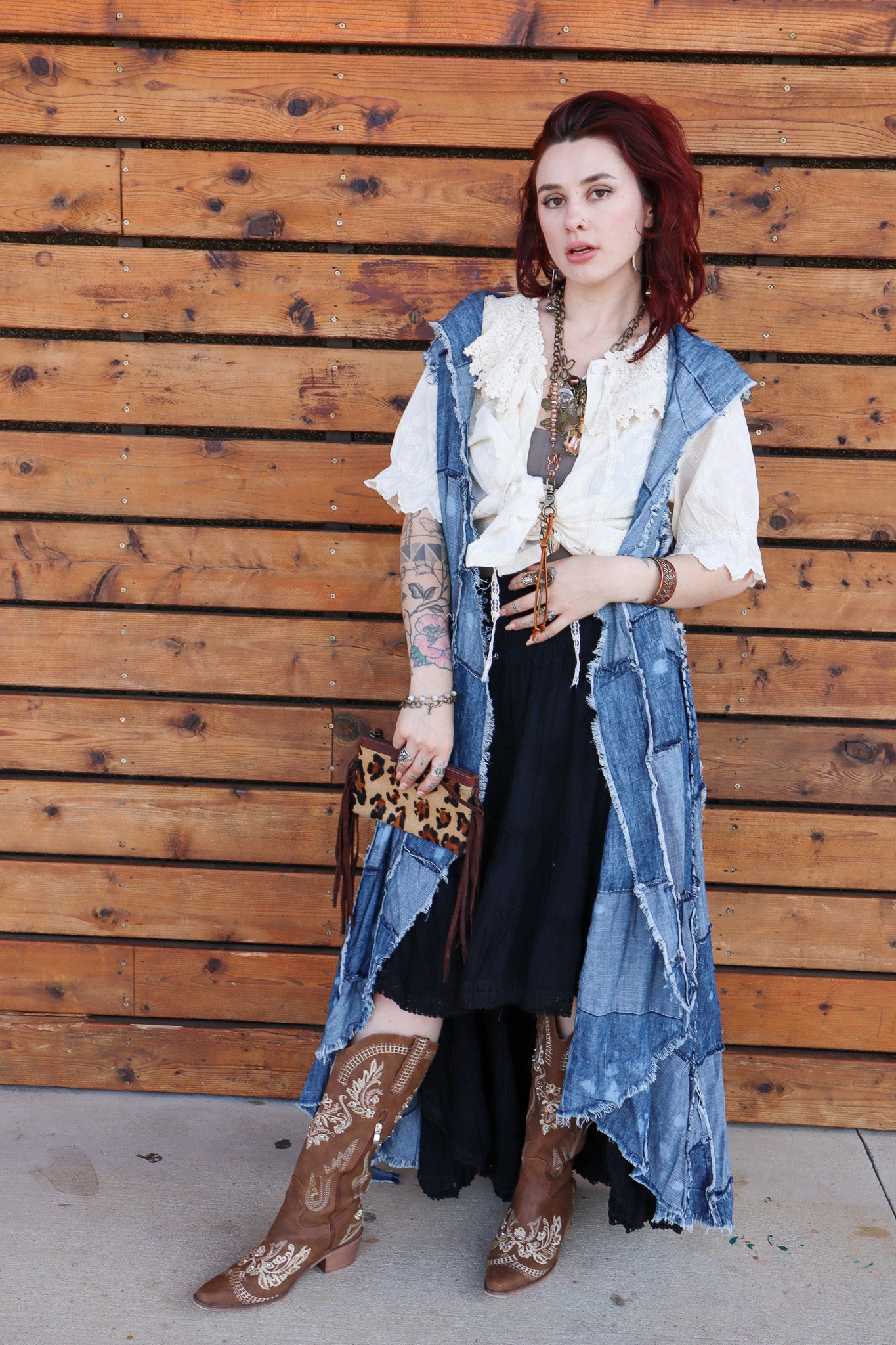 Patchwork Skies Hooded Vest Duster