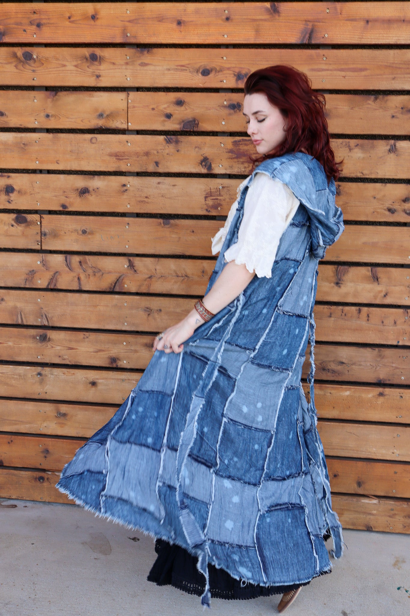 Patchwork Skies Hooded Vest Duster