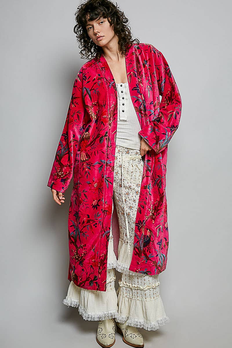 Full Length Self Tie Belt Kimono Style Robe Velvet Jacket in Fuchsia