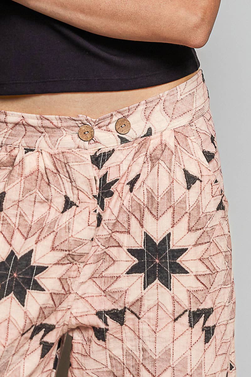 Elasticized Back Waistband Geometric Star Wide Leg Pants
